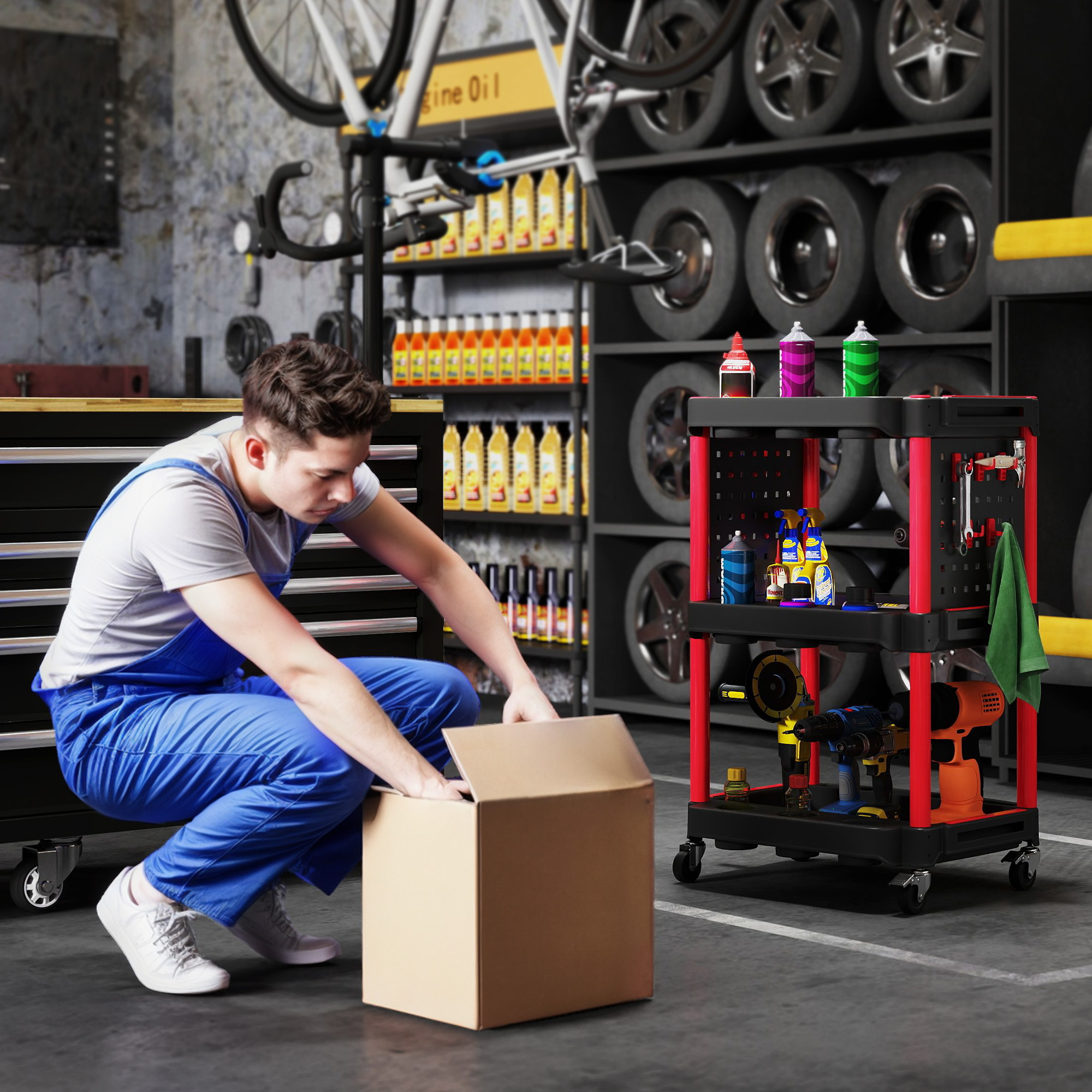 Werkzeugwagen, dreistufige Regale, 4 Räder, Kunststoff, 10 Haken, Rot