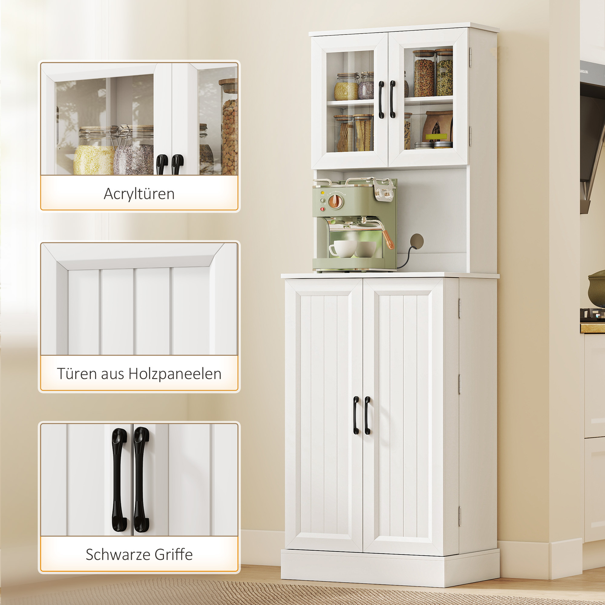 Küchenschrank, verstellbares Regal, Arbeitsplatte, Acryltüren, Kabelloch, für Wohnzimmer, Küche, Esszimmer, MDF, Weiß