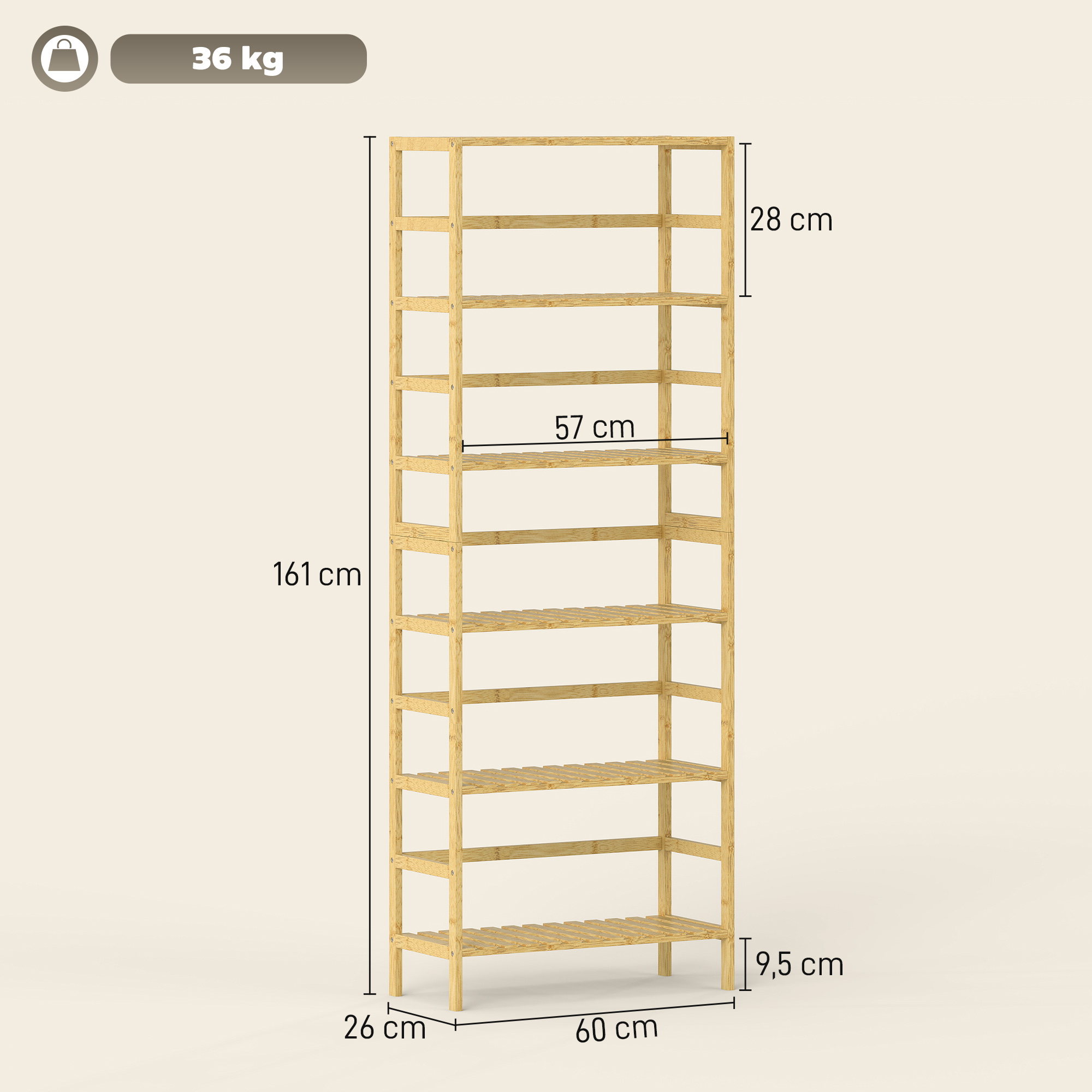 6-Ebenen-Regal aus Bambusholz, verstellbare Regalböden, freistehendes Aufbewahrungsregal, Naturholz