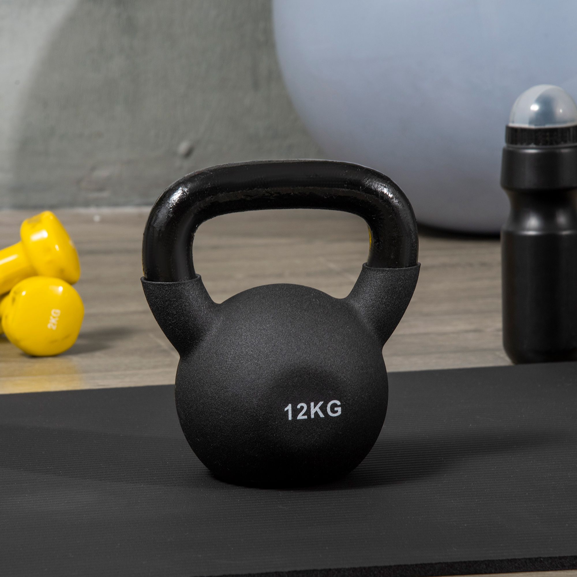 Kettlebell, Kugelhantel, 12 kg, mit Kunststoffummantelung, Stahl, schwarz 20 x 13 x 22cm