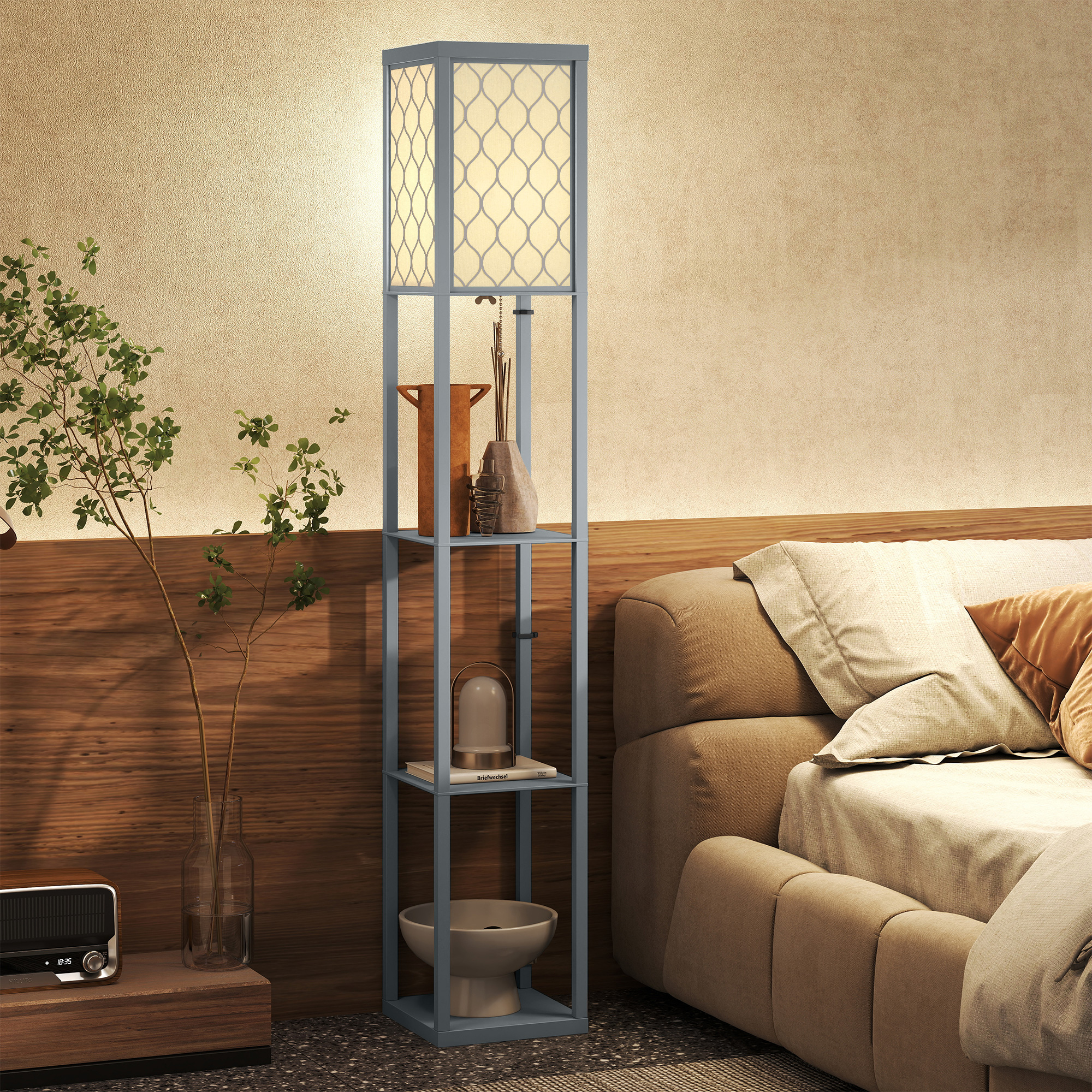 Stehlampe mit Regal, 3 Fächer, kompakte Maße, MDF, Hellgrau