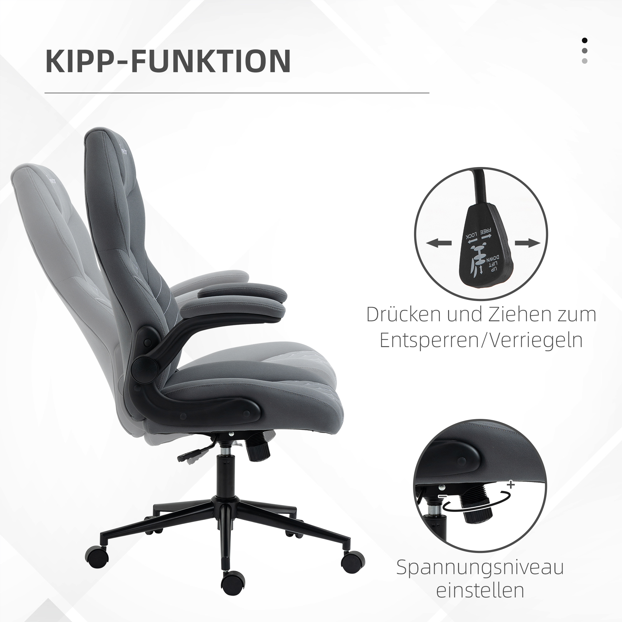 Bürostuhl mit Rückenlehne, höhenverstellbar, klappbare Armlehnen, Wippfunktion, dunkelgrau