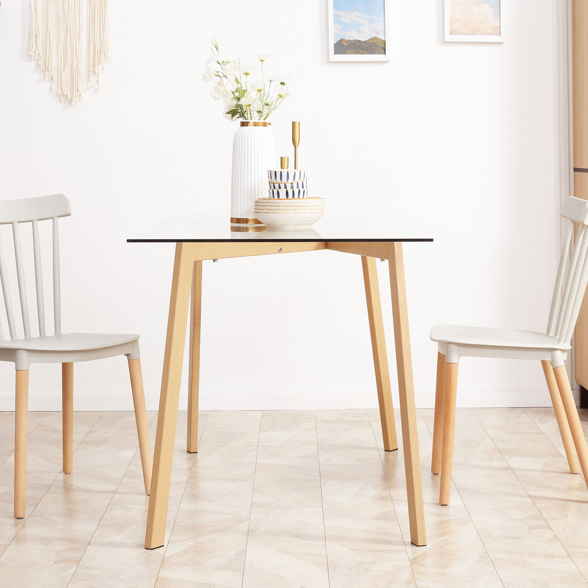 Esstisch für 4 Personen, Glasplatte, Stahlgestell, Holzoptik, 120L x 60B x 76H cm