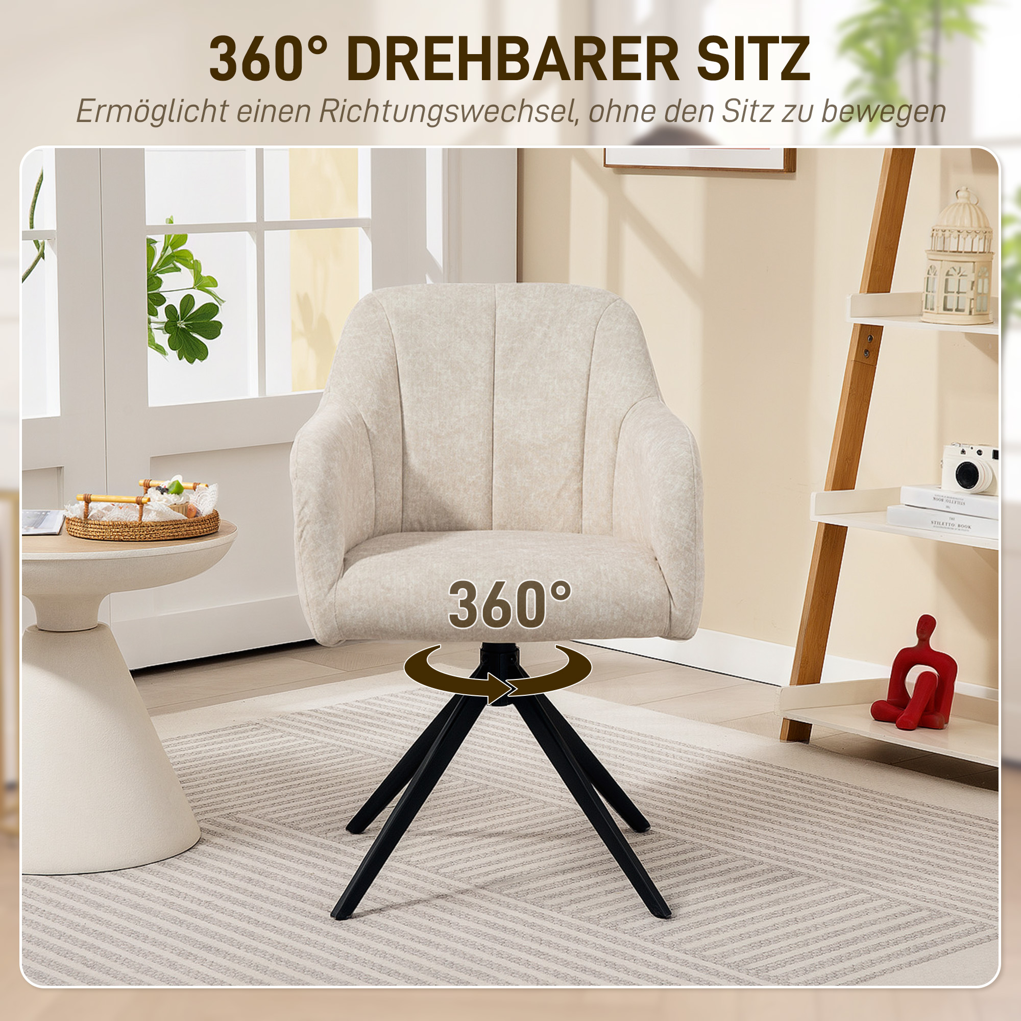 Drehbarer Akzentstuhl, Polsterstuhl mit Stoffbezug, Armlehnen, Stahlbeine, für Wohnzimmer, Schlafzimmer, Büro, Beige