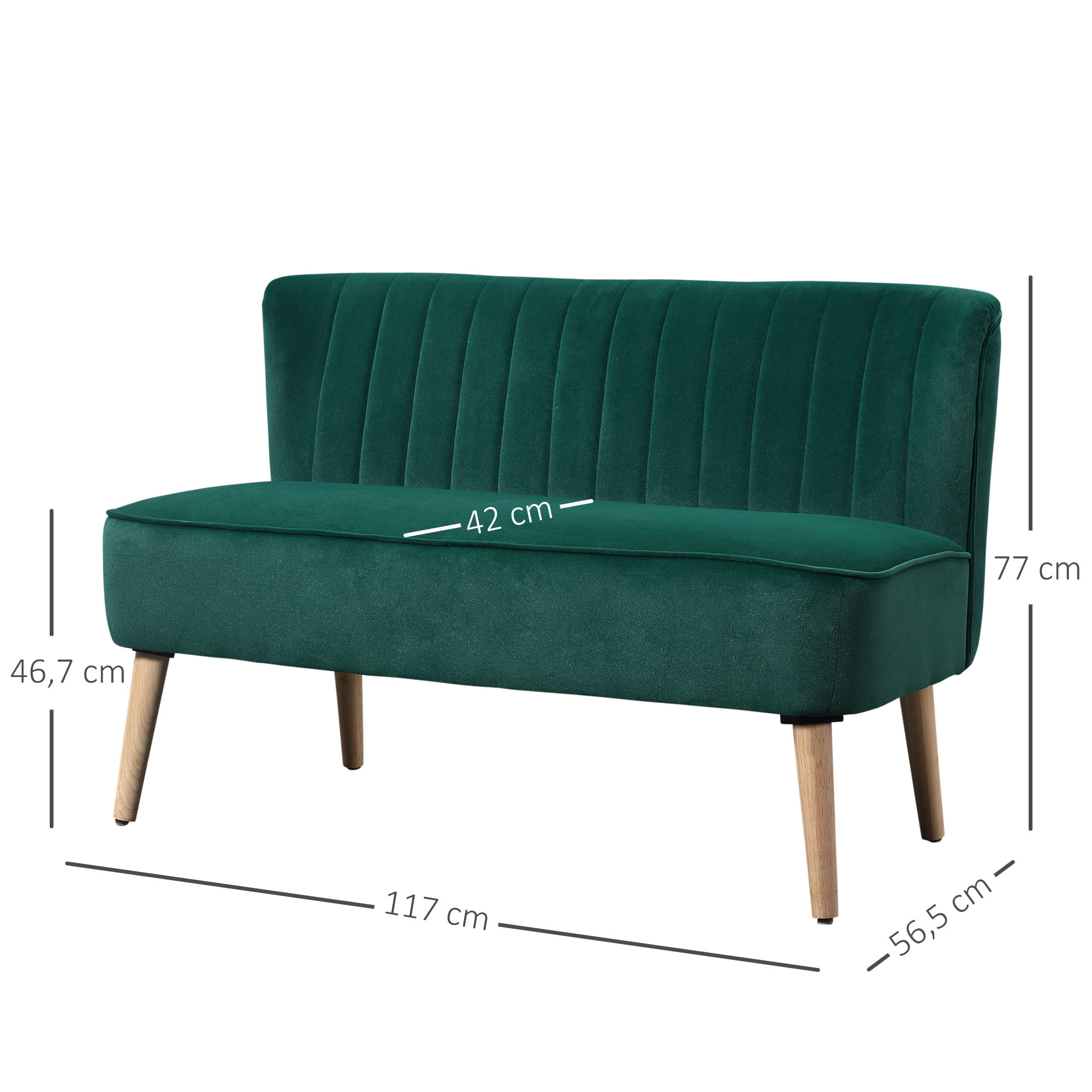 Sofa Retrodesign 2-Sitzer-Sofa, Holzbeine, 117 cm x 56,5 cm x 77 cm, Dunkelgrün