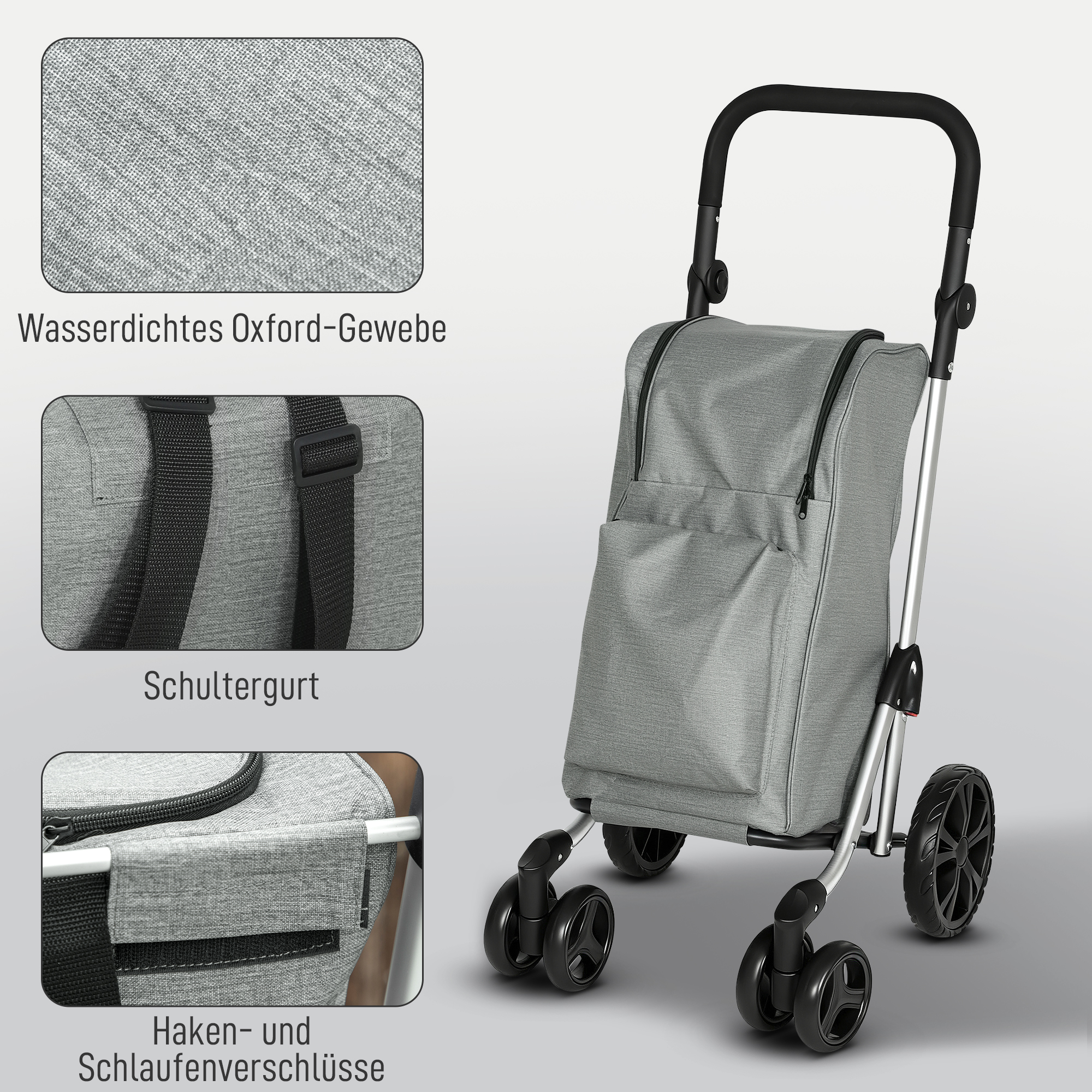 Einkaufstrolley, 46 Liter Tasche, Faltbarer Einkaufswagen mit Kühltasche, verstellbarer Griff, Aluminiumrahmen, Grau
