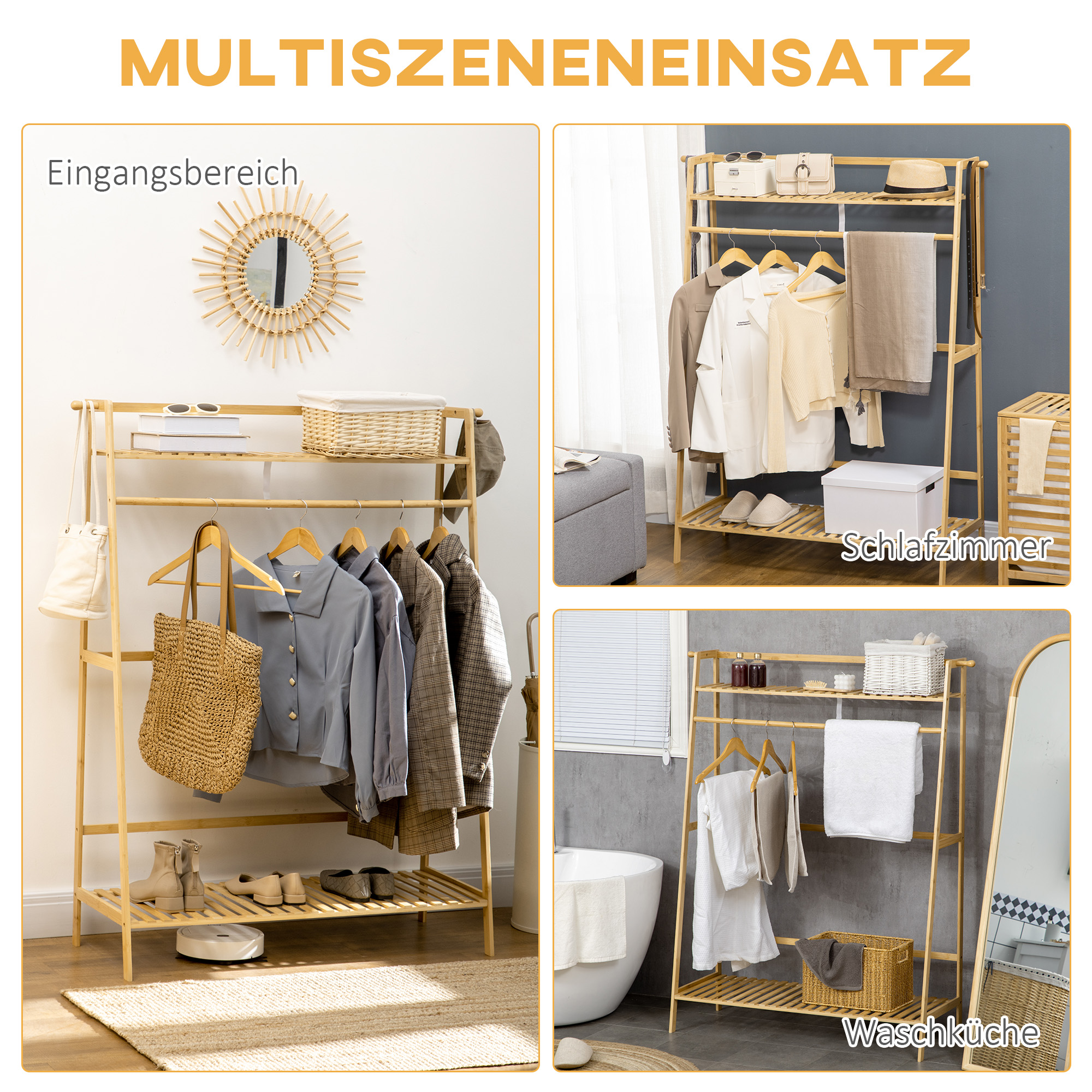 Kleiderständer aus Bambus, 2 Kleiderhaken, Kleiderstange, 2 Ablagen, 114 x 40 x 139 cm