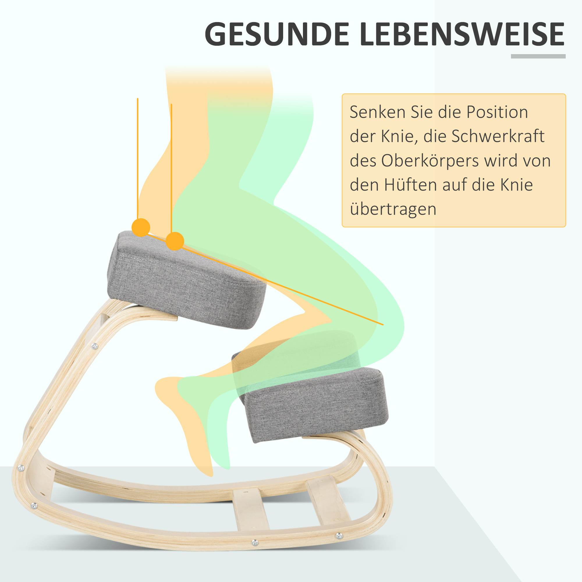 Kniestuhl, ergonomischer Sitzhocker, Polsterhocker für gesunde Sitzhaltung, Birkenholz, 120 kg belastbar, Grau