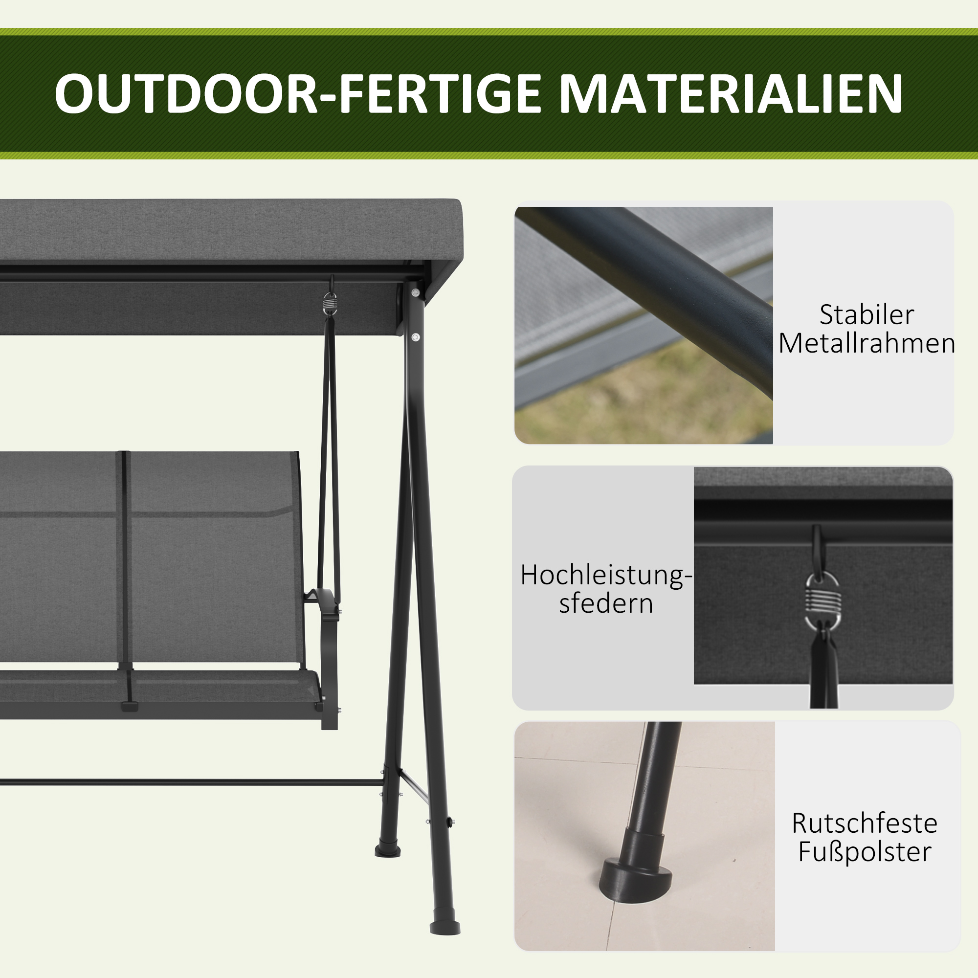 Hollywoodschaukel, für 3 Personen, verstellbares Sonnendach, bis 240 kg, dunkelgrau, 200 x 133 x 176 cm