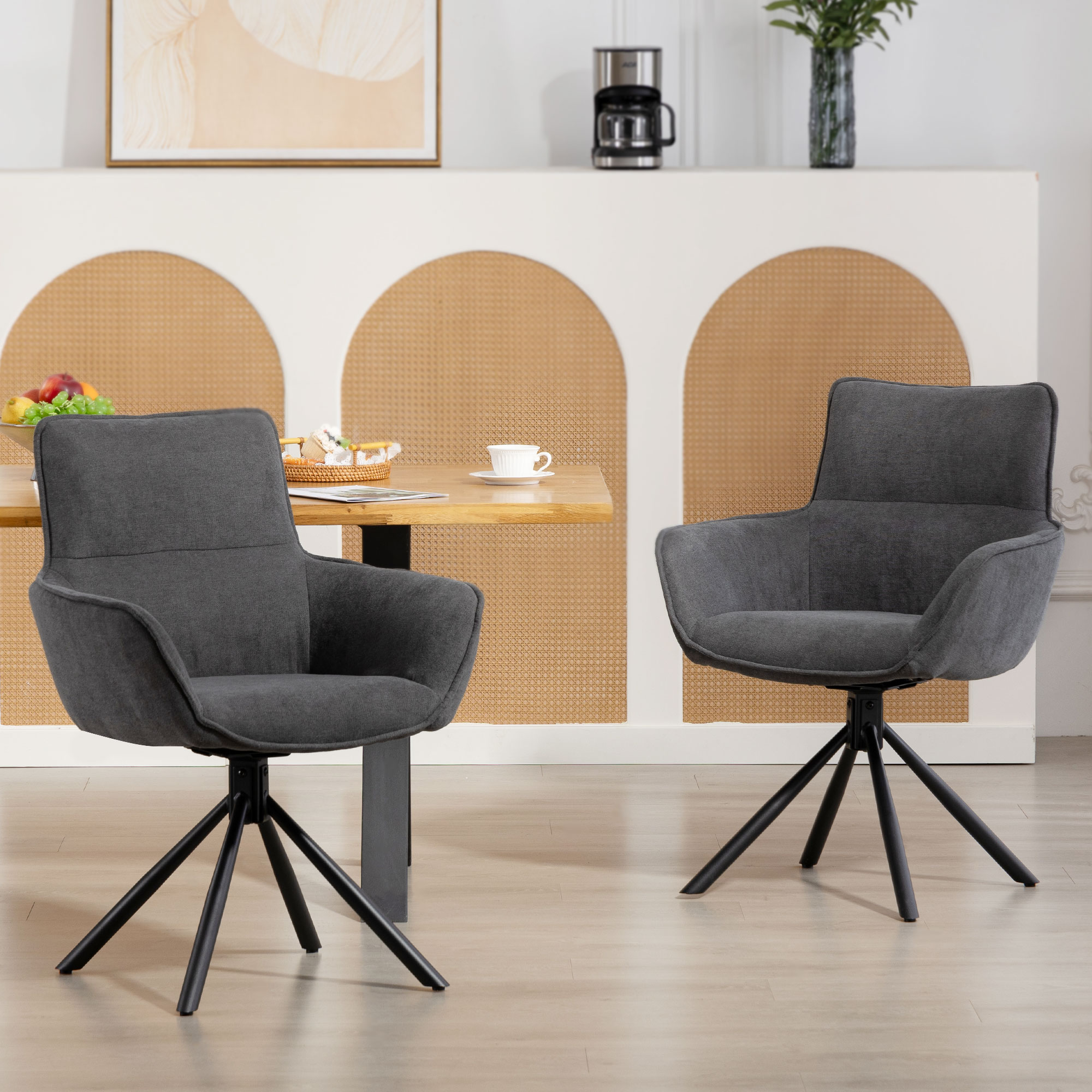 2er-Set Esszimmerstühle, drehbar, weich gepolstert, Armlehnen, Metallbeine, Dunkelgrau