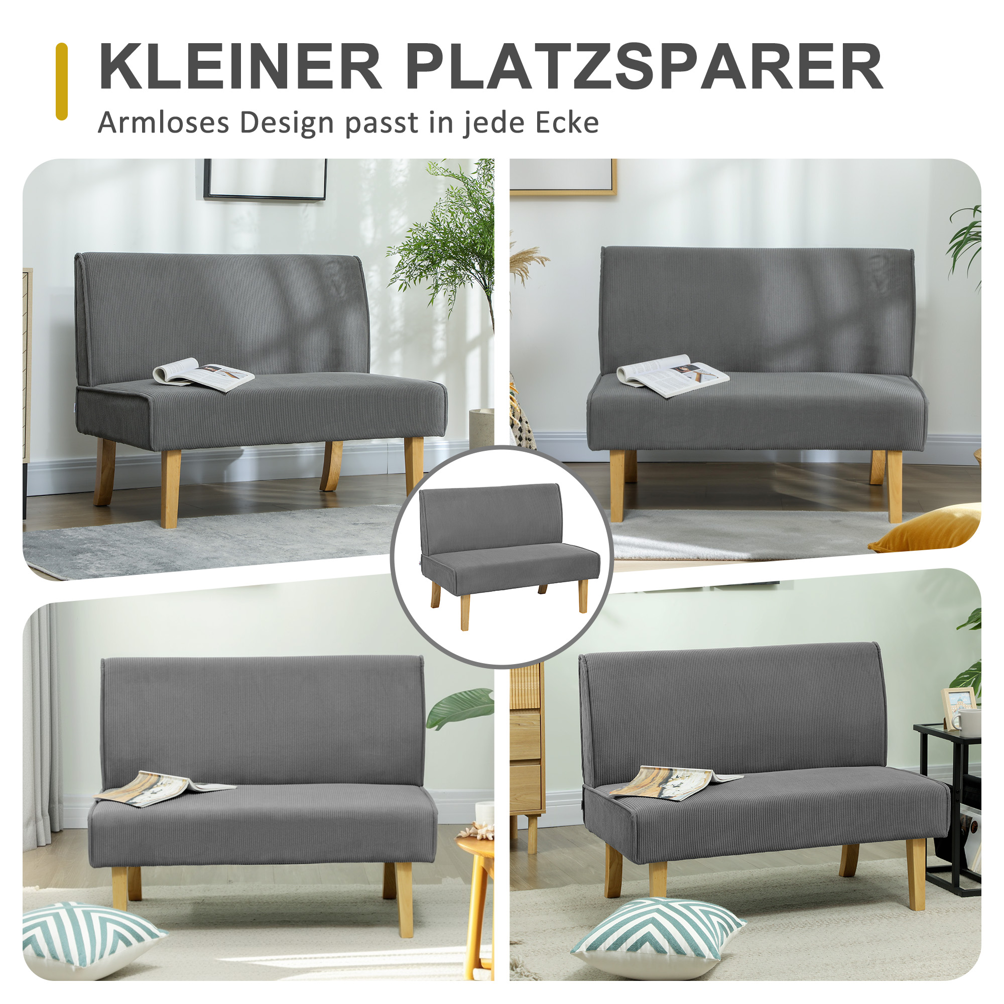 Zweisitzer-Sofa mit Cord-Bezug, dicker Polsterung und soliden Holzbeinen für Wohnzimmer, Schlafzimmer, Büro, Grau