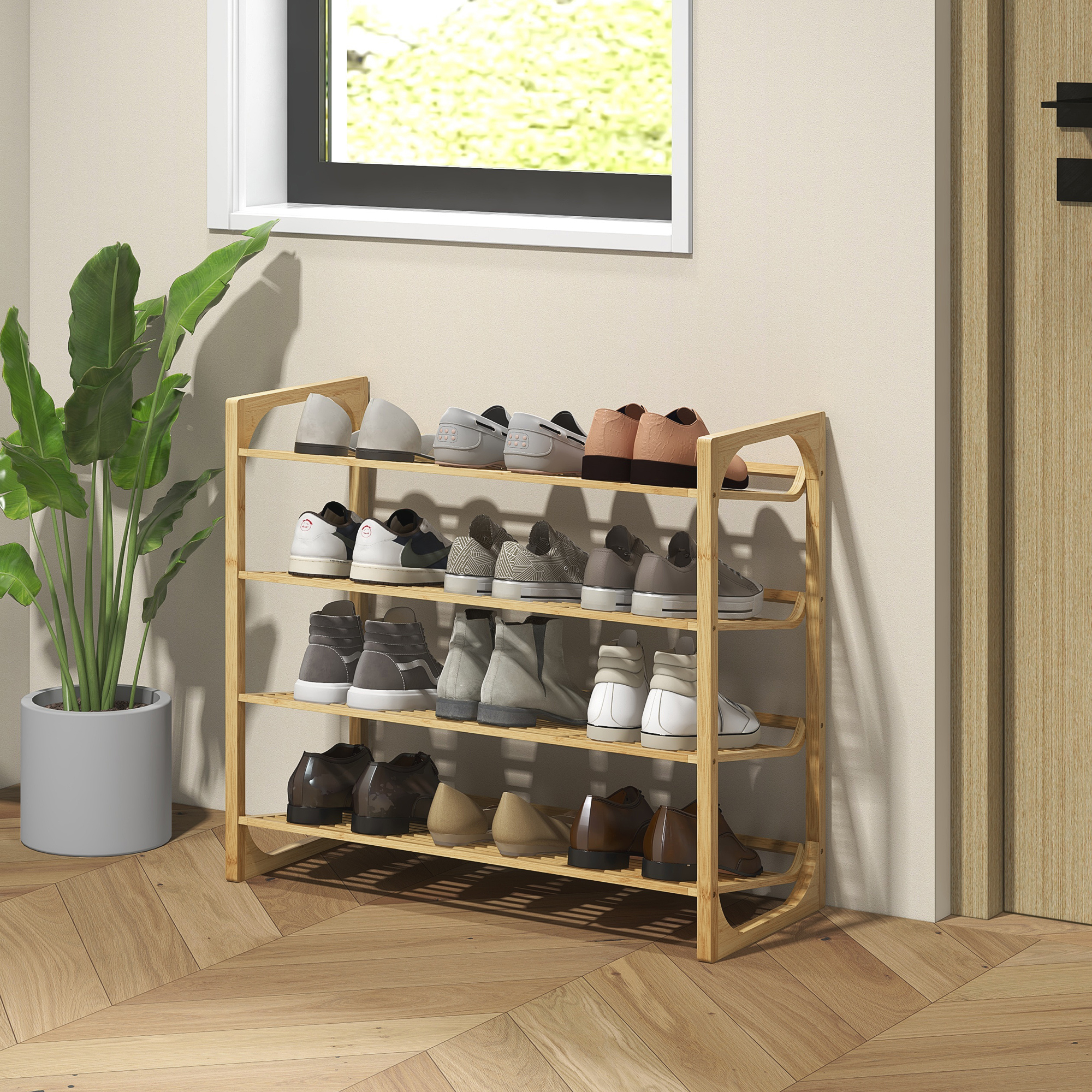 Schuhregal aus Bambus, 15,5 cm Regalhöhe, belüftetes Latten-Design, 76 x 33 x 67 cm, Naturholz-Effekt