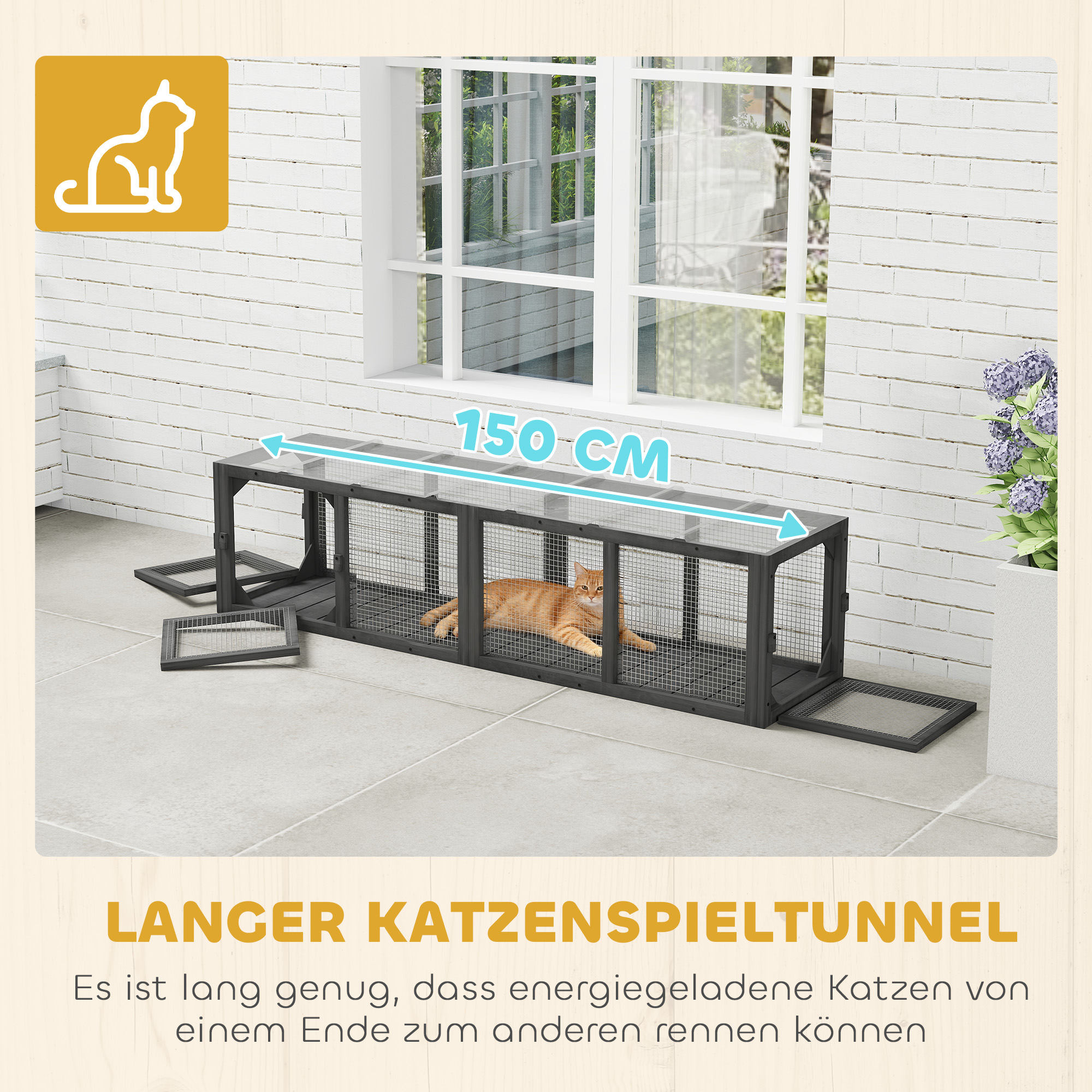 Katzentunnel Katzenspielzeug aus Holz mit 3 Türen, erweiterbar Spieltunnel für Katzen bis 10 kg, 151,5 x 38,5 cm Grau