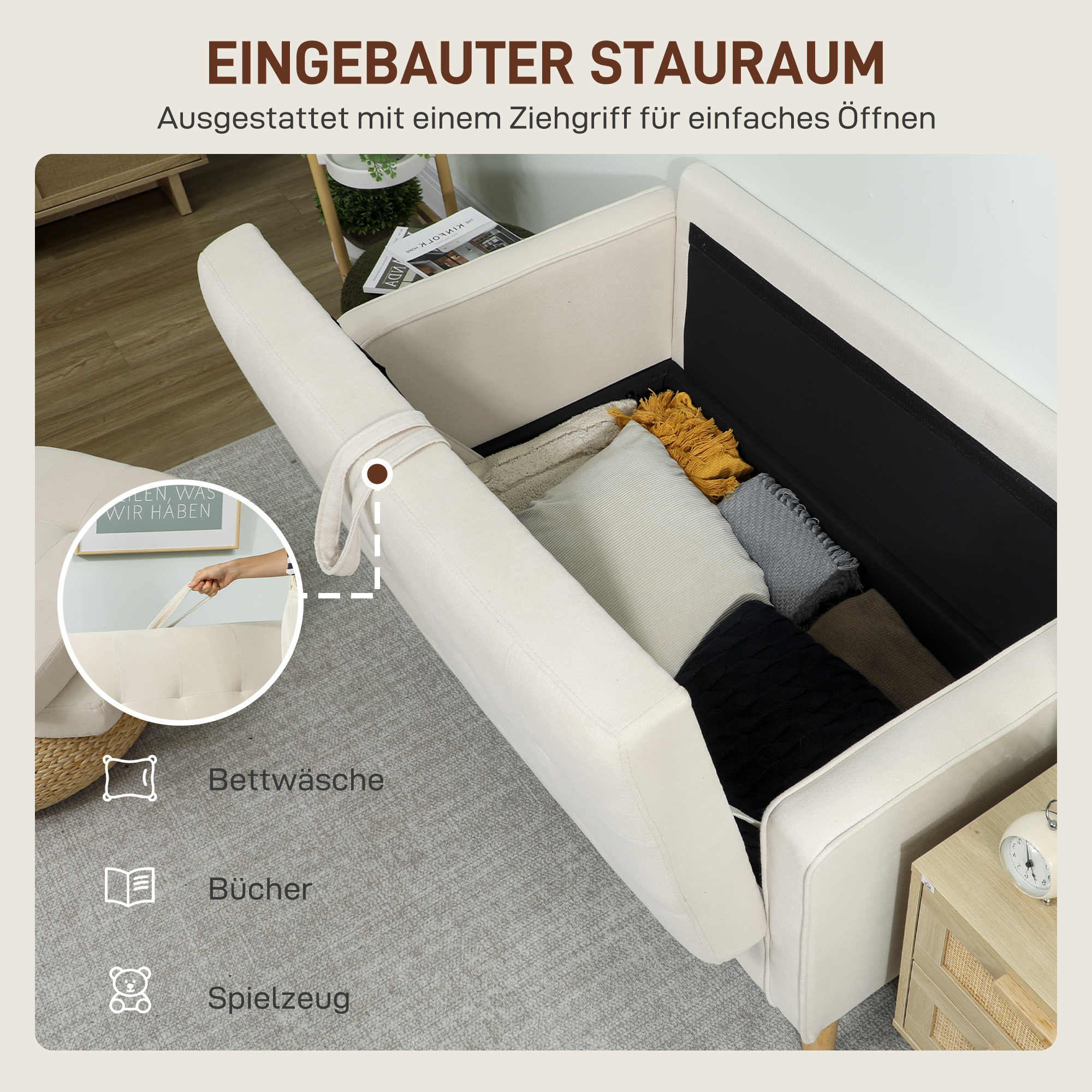 Zweisitzer-Sofa mit Stauraum, Knopfheftung, Kissen, Kautschukbaumholz, 117x62x78cm, Cremeweiß