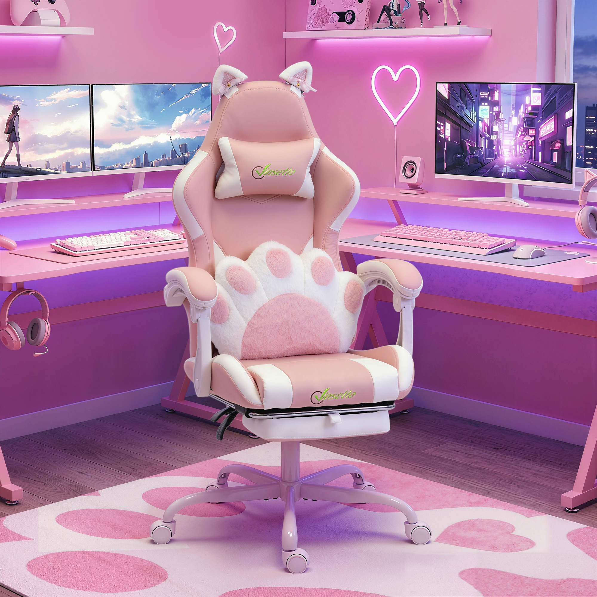 Ergonomischer Gaming-Stuhl, Katzenohren-Gamer-Stuhl aus Kunstleder mit Lendenstütze, Fußstütze, Kopfstütze, Rosa