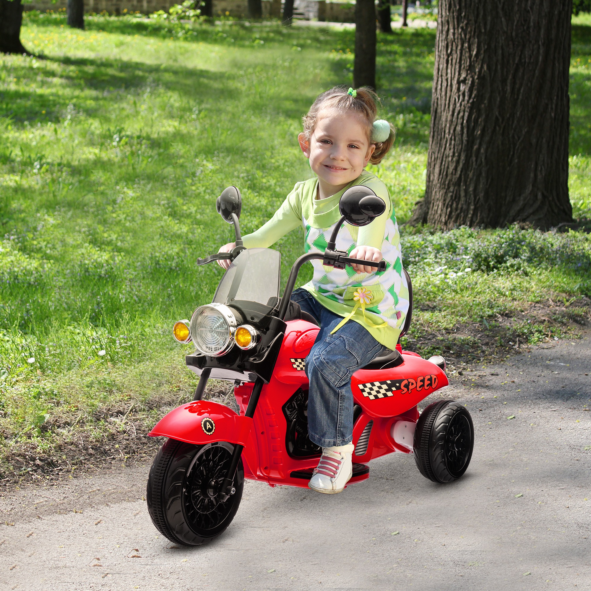 Elektro-Kinder-Motorrad, 3 Räder, 6V Batterie-Betrieb, Scheinwerfer, Musik, für Kinder im Alter von 3-6 Jahren, Rot