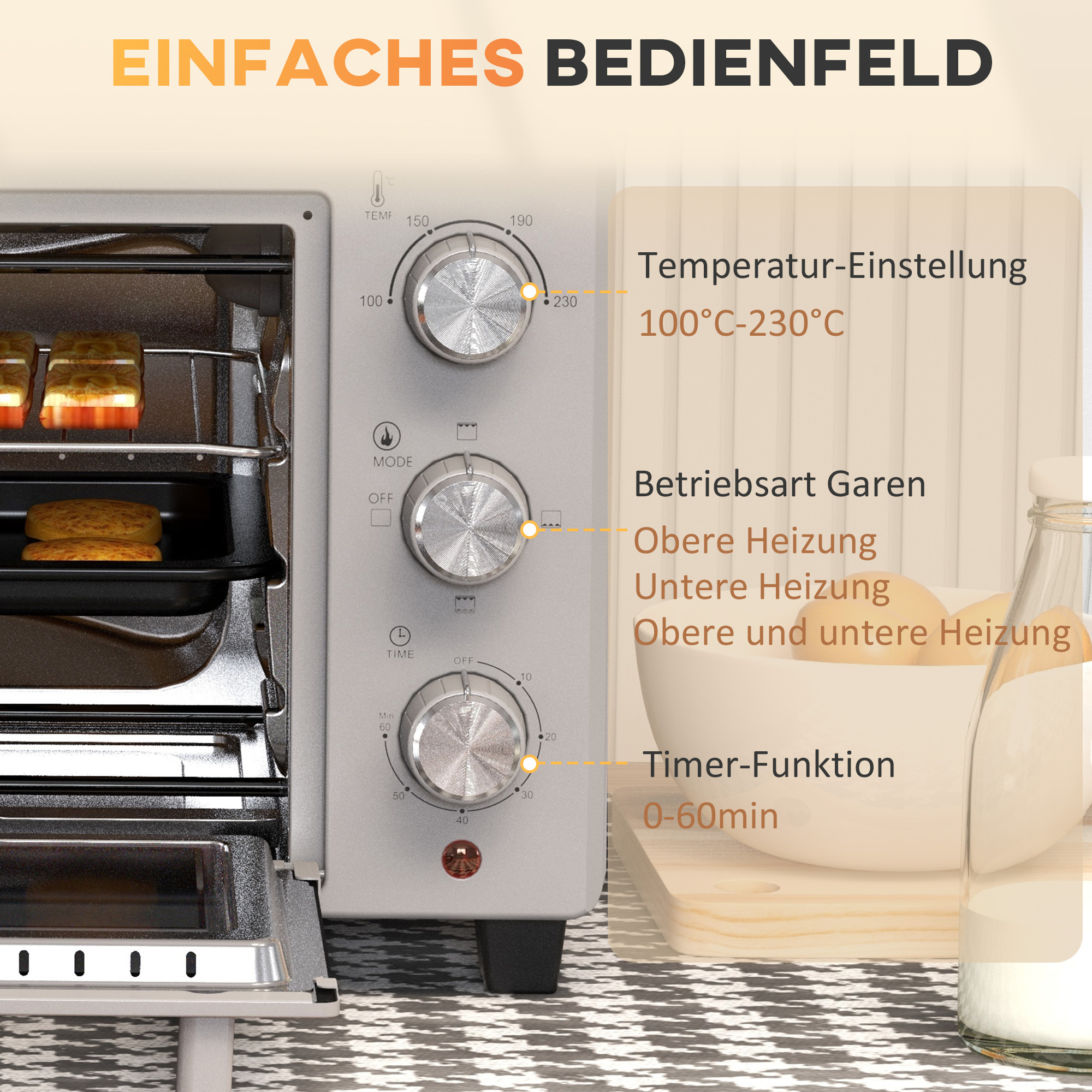 Minibackofen, 21 L Toasterofen mit 1 Drahtgestell und 1 Backblech, 3 Kochmodi, 100 °C-230 °C, Edelstahl, Glas, Silber