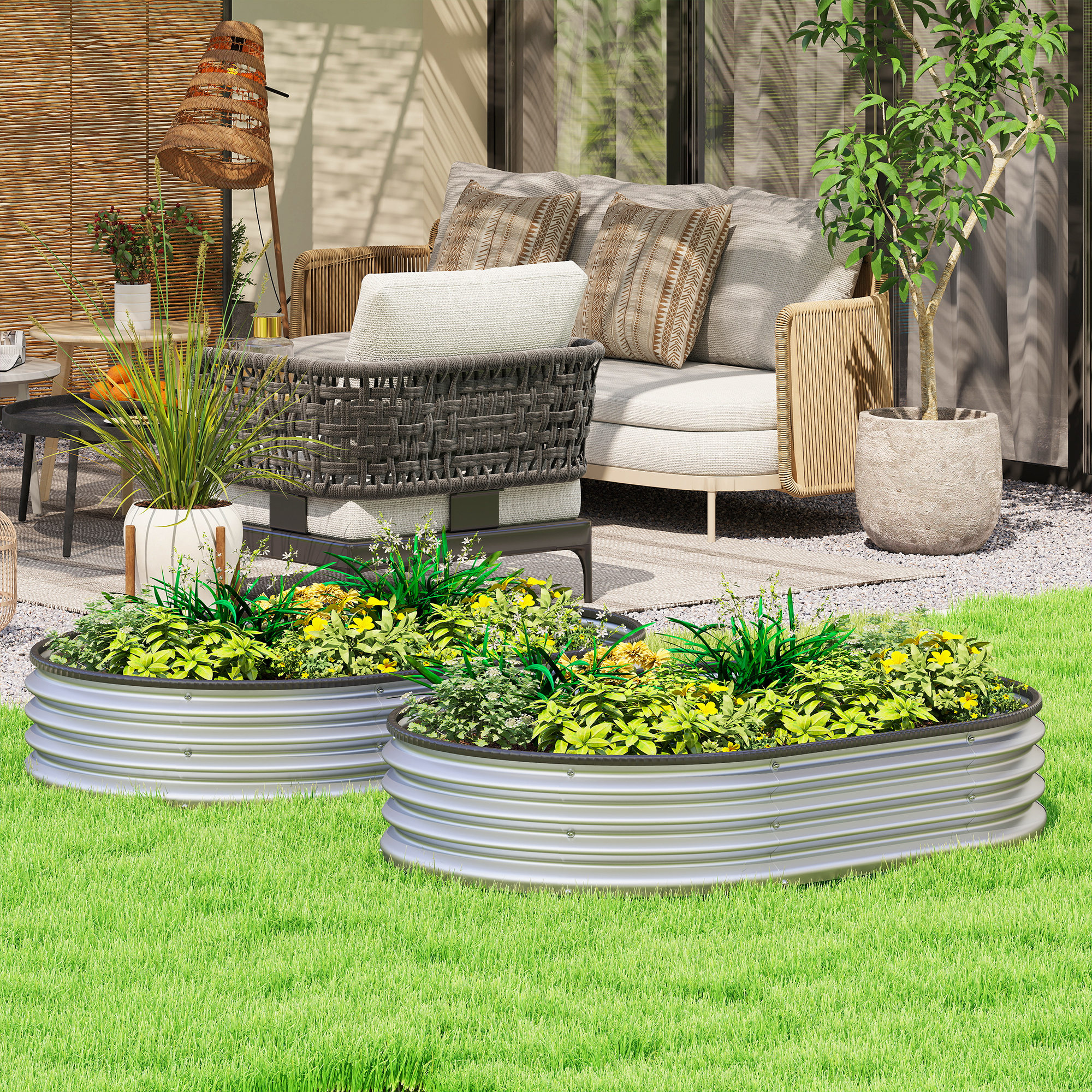 Hochbeet Metall 2er Set 135 x 90 x 30cm Oval Hochbeete mit Gummistreifen