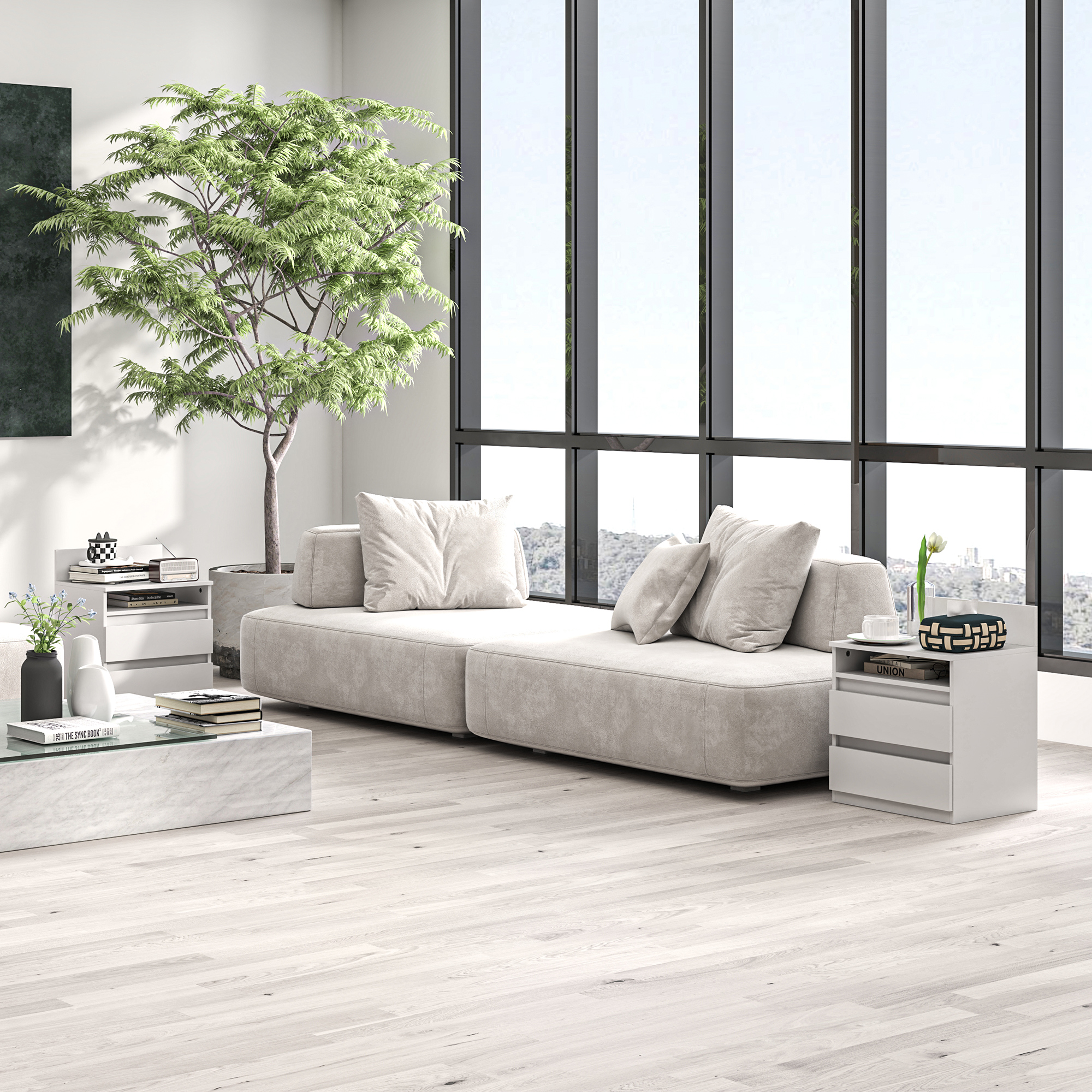 Nachttisch im 2er-Set mit Schubladen und Ablage, moderner Beistelltisch, für Schlafzimmer, Weiß