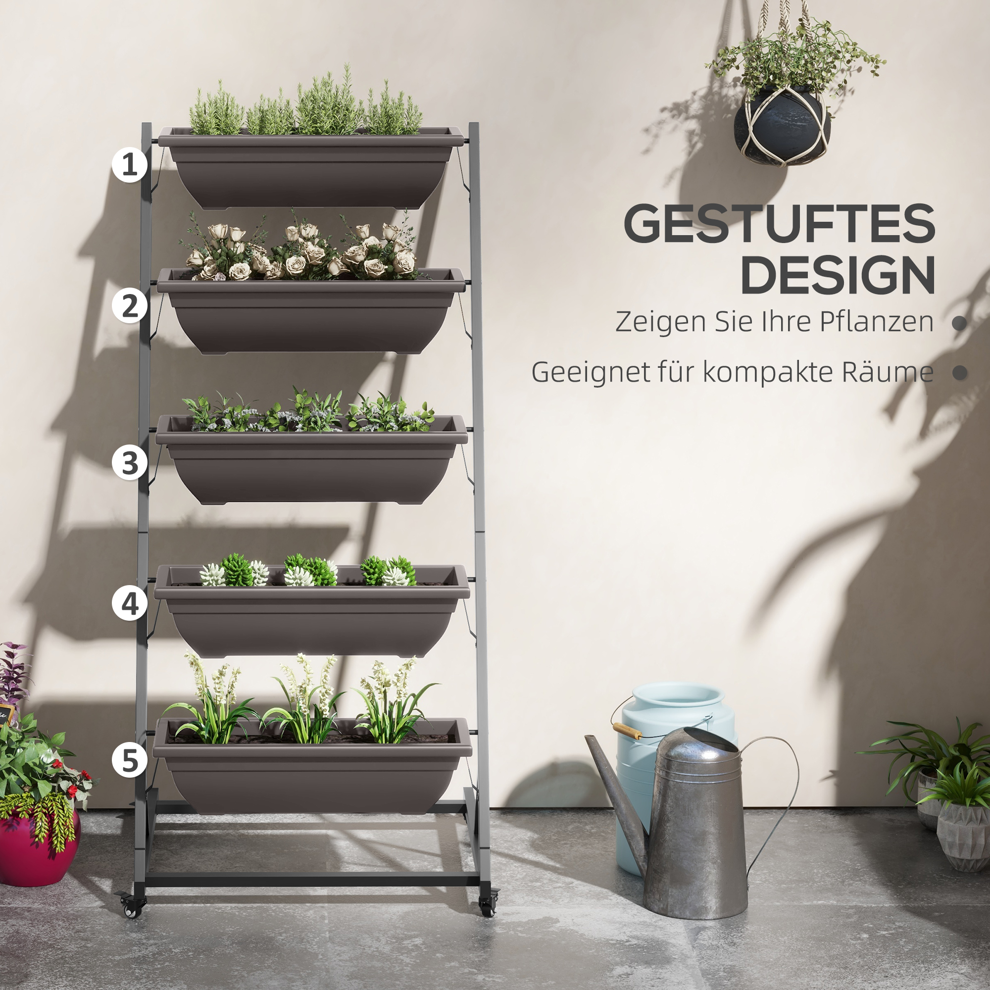 5-Etagen Pflanzenständer, 145 cm hoch Blumenständer mit Rollen Töpfe, Pflanzenregal aus Stahl Braun