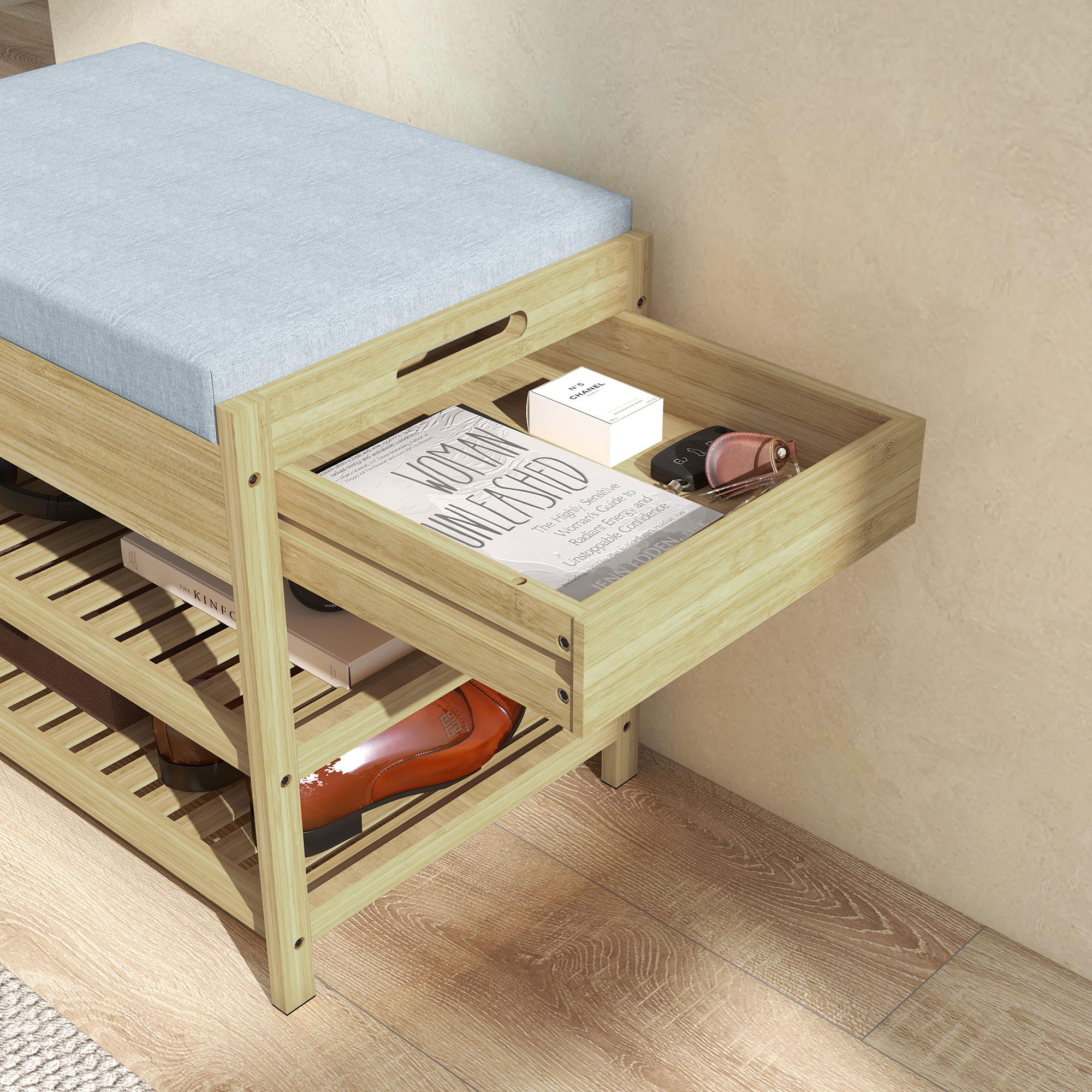 Schubank Schuhregal, 2 Ablagen, Sitzpolster, Bambus, 55 cm x 35 cm x 46 cm, Grau + Natur