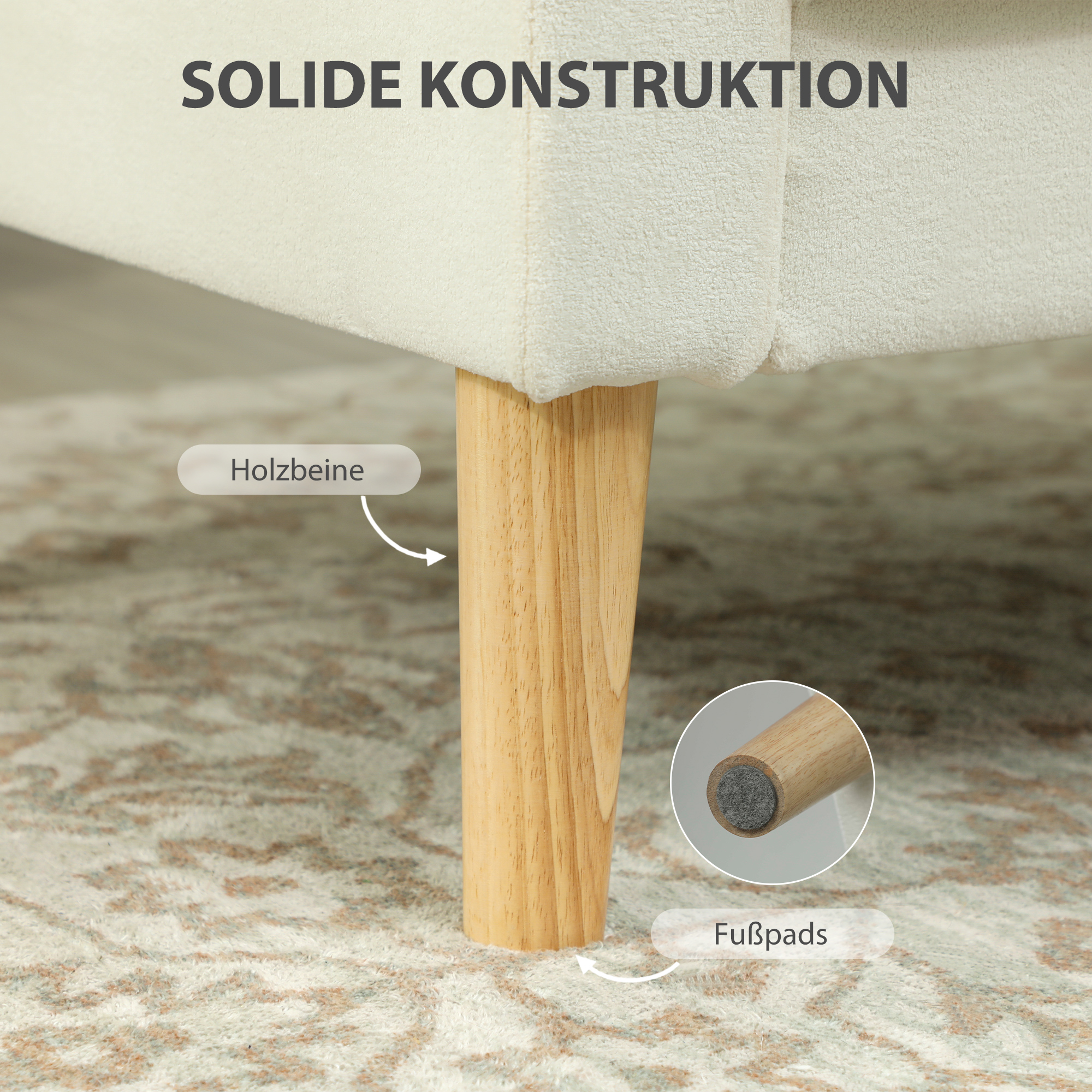 Polstersessel mit Armlehnen, neigbare Rückenlehne, Kautschukholzbeine, Cremeweiß