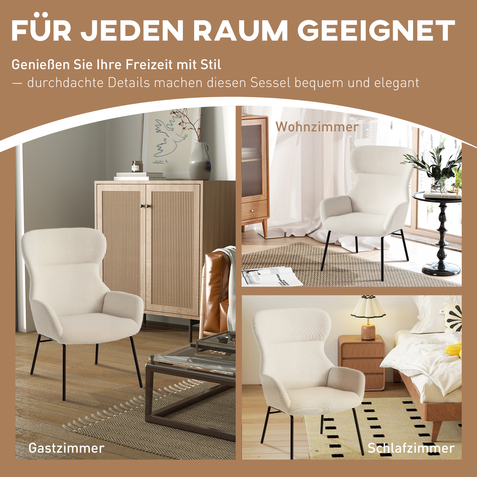 Moderner Polsterstuhl im Ohrenbacken-Stil, hohe Rückenlehne, dicke Polsterung, Stahlbeine, Cremeweiß