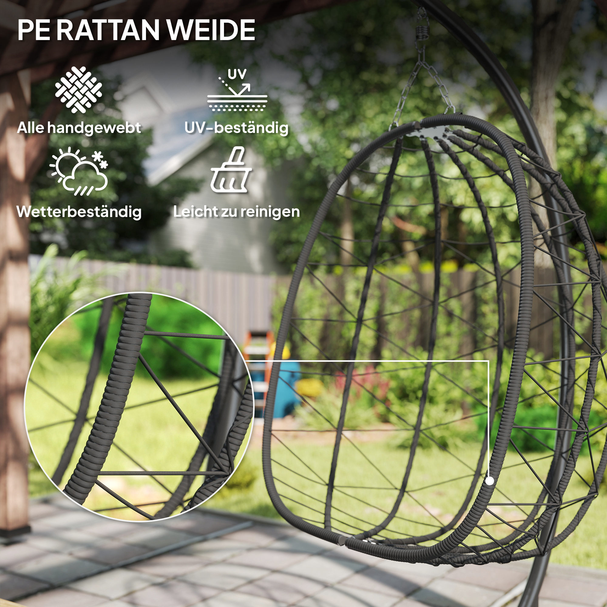 Hängesessel Outdoor Hängesessel Egg Chair, wetterbeständig, inkl. Polster, 102 cm x 102 cm x 195 cm, Dunkelgrau