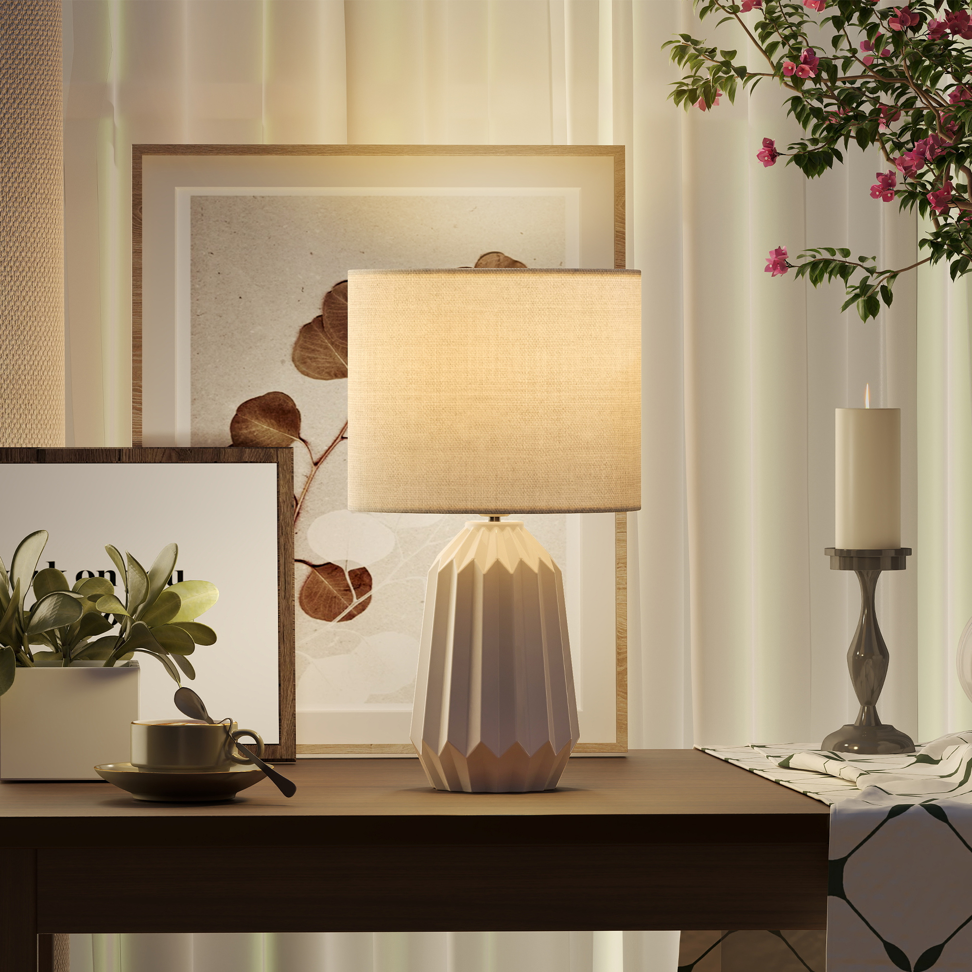 Tischlampe, Tischleuchte, Nachttischlampe mit Leinenschirm, Wippschalter, Schreibtischlampe, 22 x 22 x 39 cm, Weiß