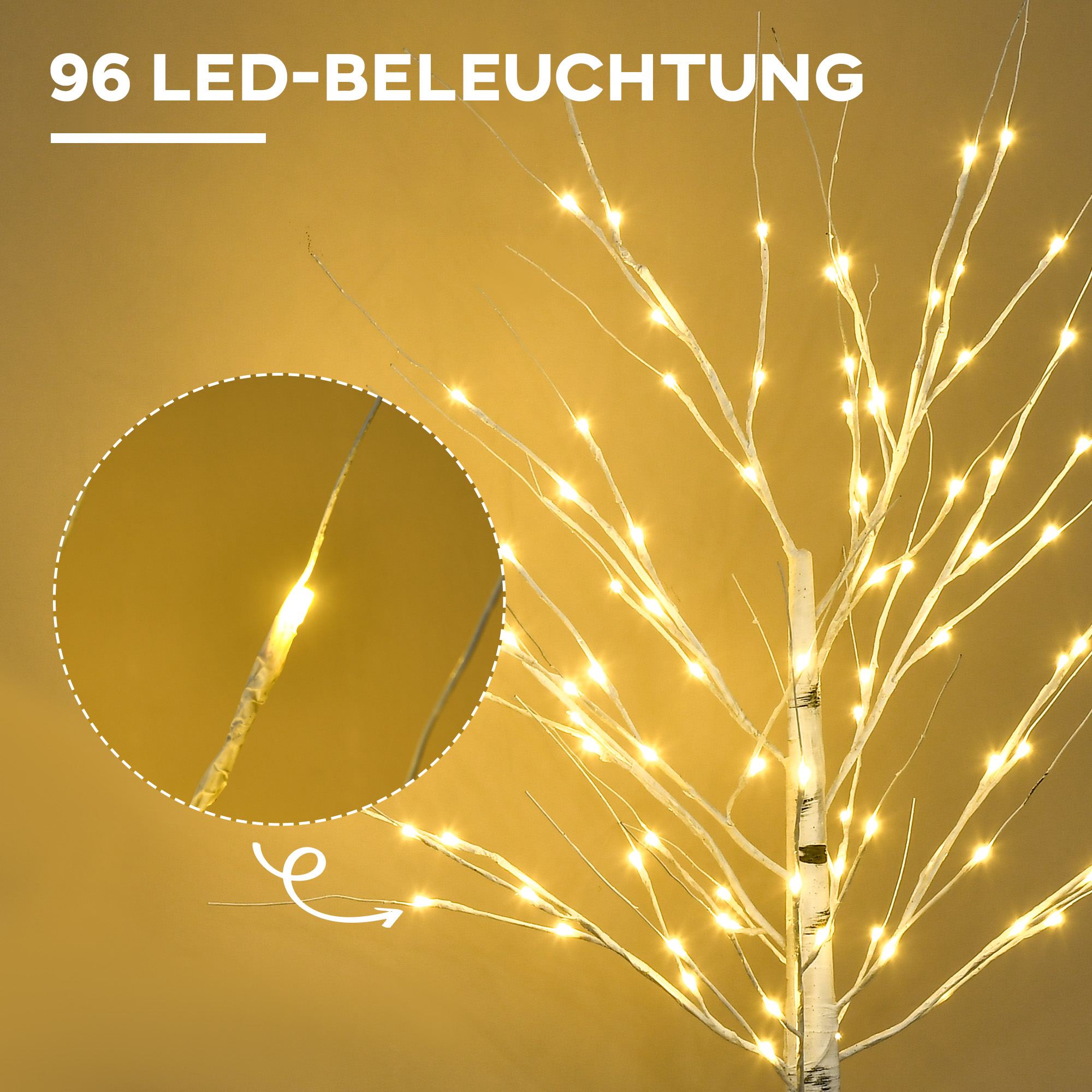 Künstliche Birke mit LEDs, biegsame Äste, Kunststoff und Metall, 150 cm, Weiß