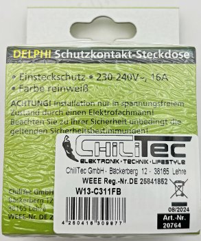 DELPHI Schutzkontakt-Steckdose, UP, weiß, 250V~/ 16A, inkl. Rahmen, Steckanschluss