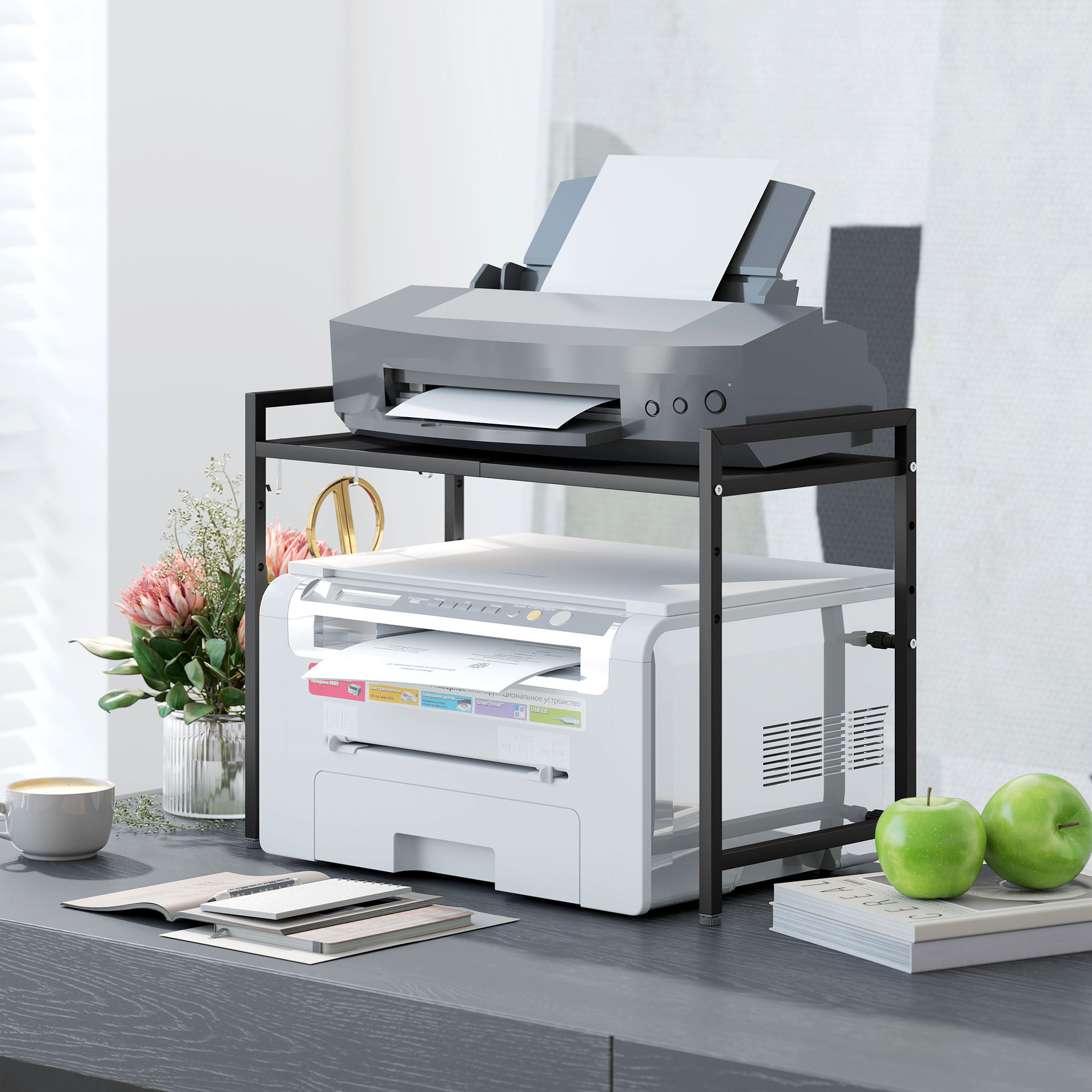 Mikrowellenregal, 3 Haken, ausziehbar, Metall, 40 cm hoch, Schwarz