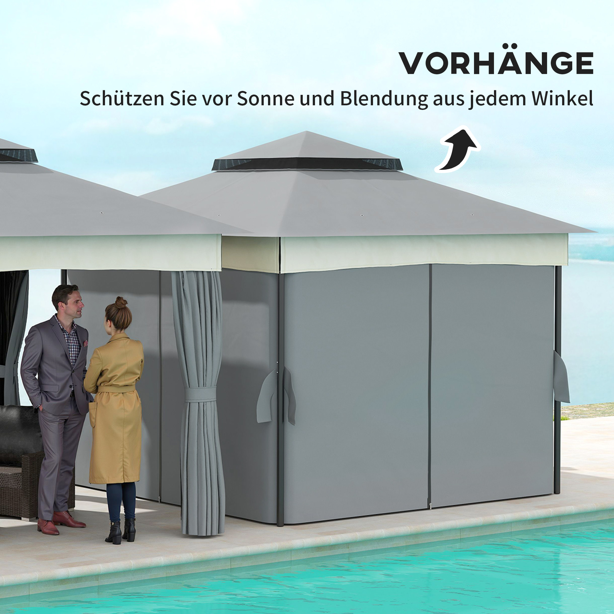 Pavillon mit Doppeldach, 3x3 m Wasserabweisend Stabil Winterfest Gartenpavillon aus Metall Dunkelgrau