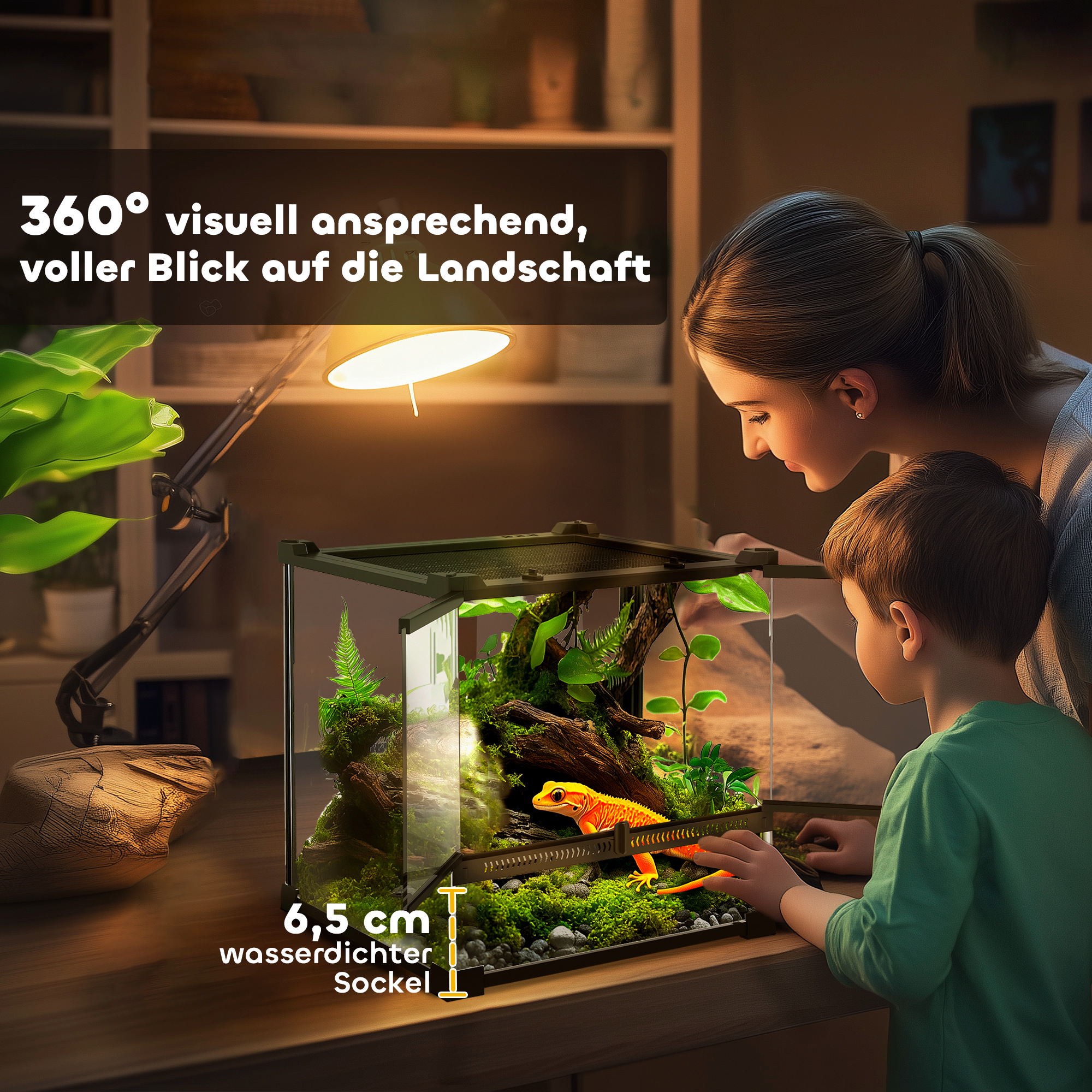 Glas-Terrarium für Reptilien, erhöhter & wasserdichter Boden, Knopfschloss
