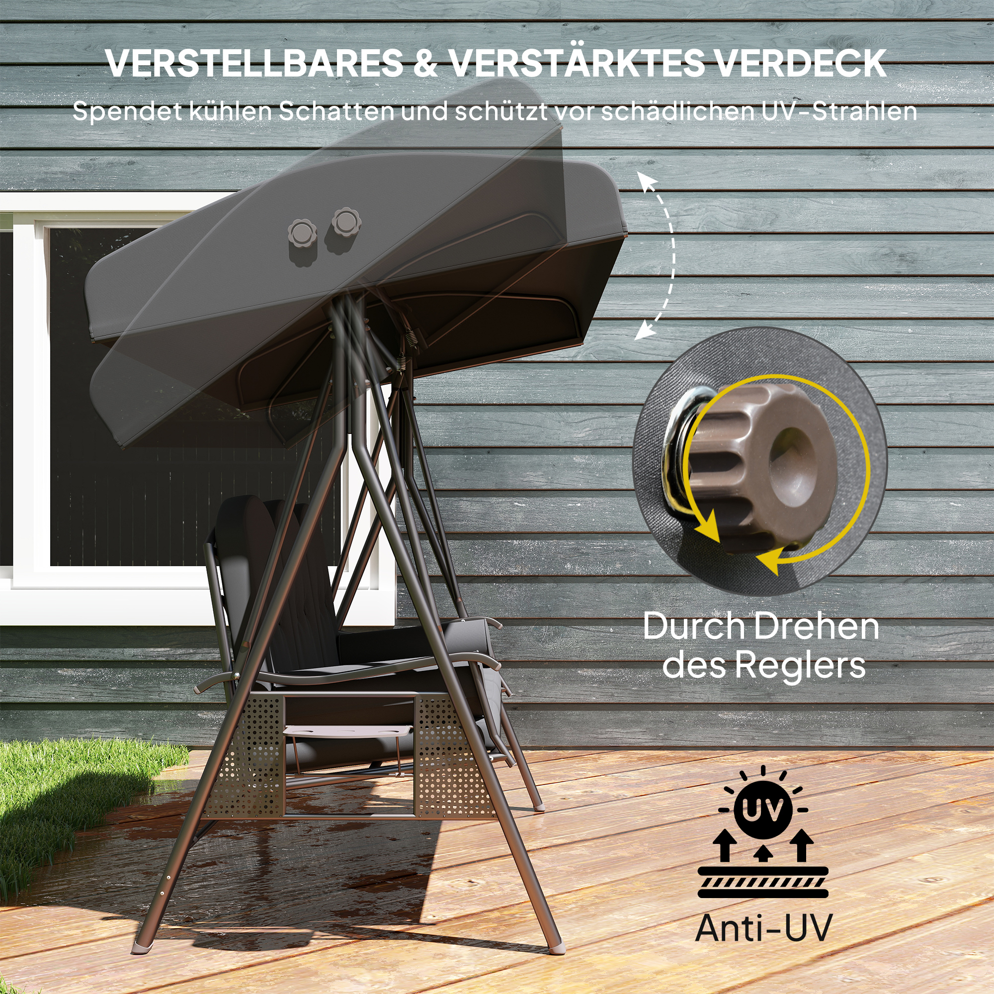 Hollywoodschaukel 3-Sitzer Gartenschaukel mit Sonnendach Tablett Sitzauflage  bis 360kg Dunkelgrau
