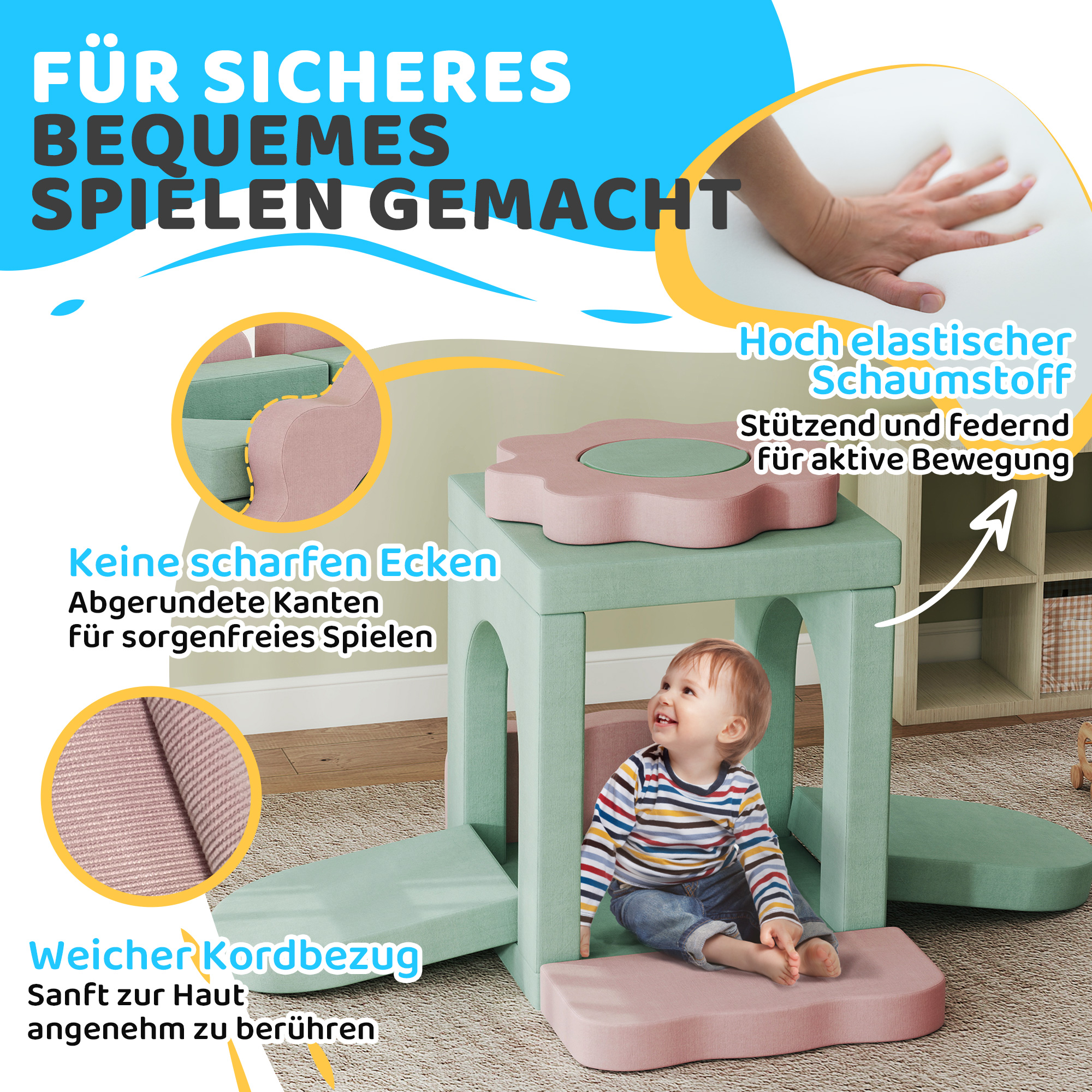 12-teiliges Set Schaumstoffblöcke zum Klettern, Bauen, Krabbeln, Indoor-Spielmatten mit Cordbezug, Grün+Rosa