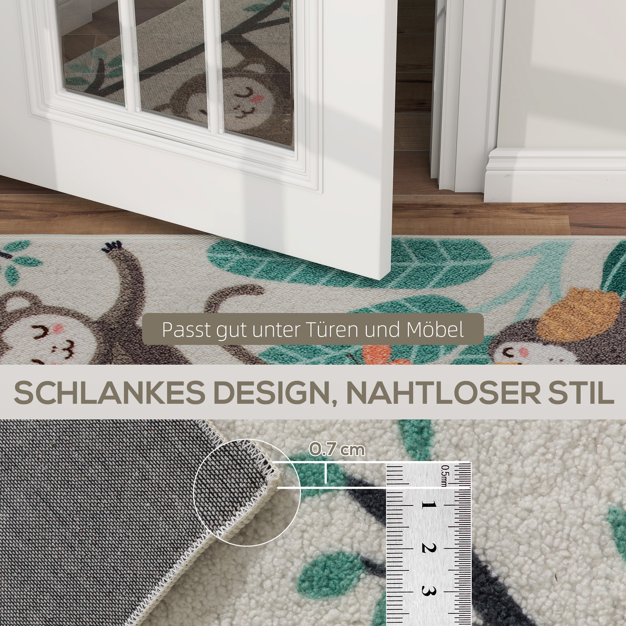 Fleece-Teppich mit Dschungel-Muster, pflegeleicht, Cremeweiß+Bunt