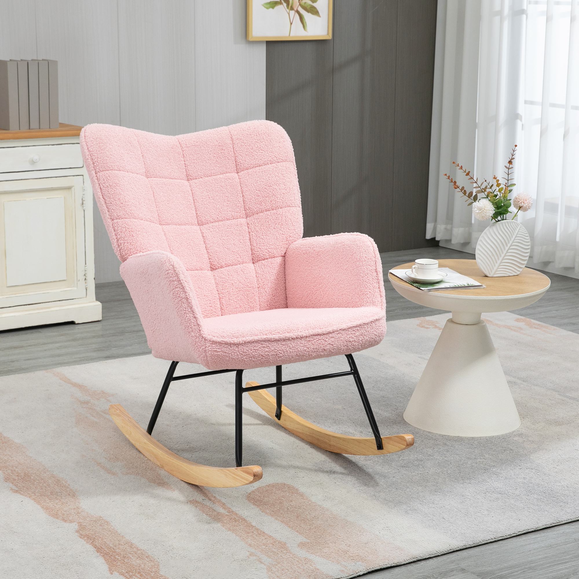 Schaukelstuhl im Retro-Design, Massivholz, Sessel, Relaxsessel, 98 cm x  71 cm x 101 cm, Rosa