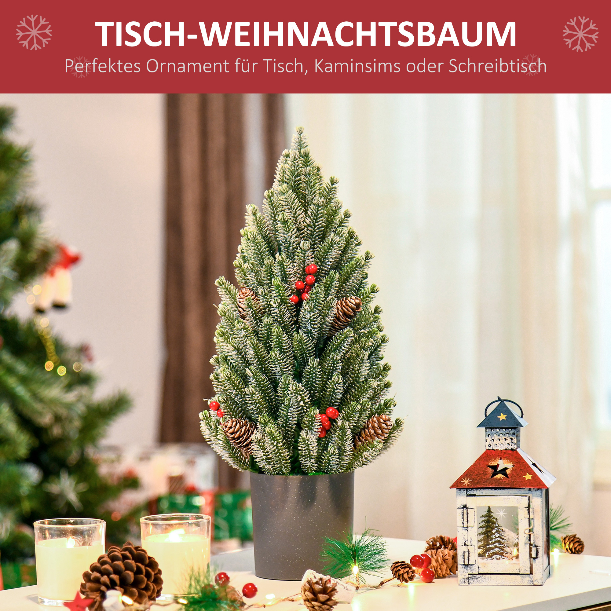 Mini Weihnachtsbaum mit Tannenzapfen, roten Beeren und Übertop 50 cm hoch, Mehrfarbig