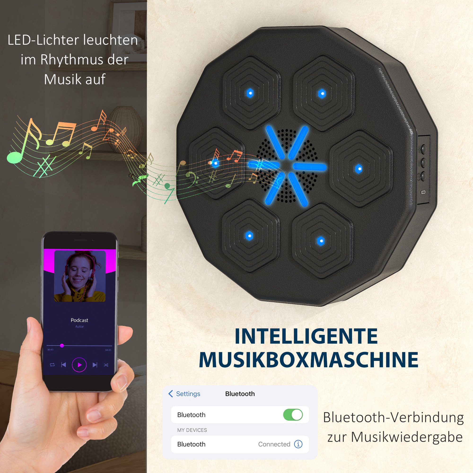 Boxtrainer mit Musikfunktion, Bluetooth, leuchtende Punkte, Wandaufhängung, Kunstleder, Schwarz