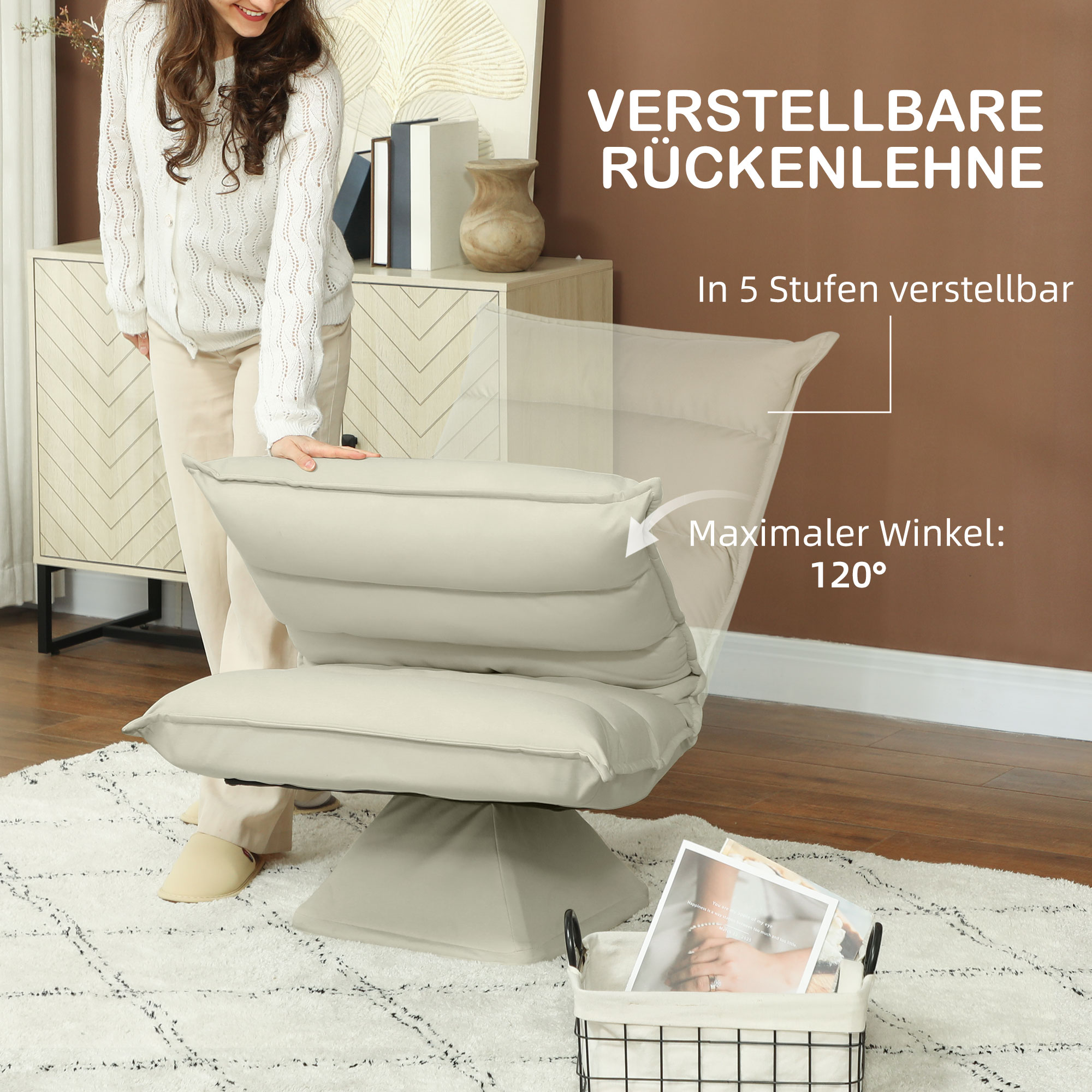 Relaxsessel, Sitzsack, verstellbare Rückenlehne, Lederoptik, 62x70x95cm, Beige