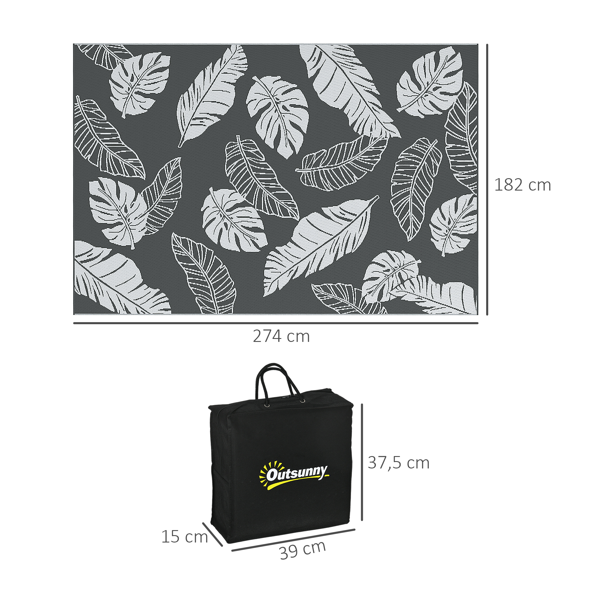 Outdoor Wendeteppich, wasserfest, Blattmuster, 182x274cm, Grau/Weiß
