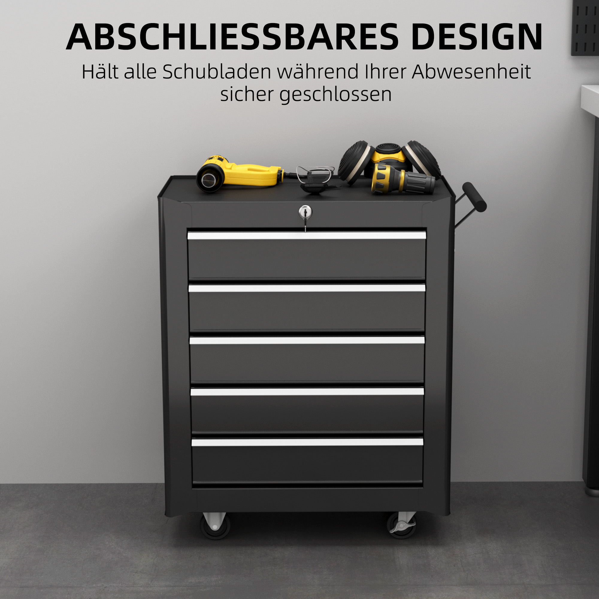 Werkzeugkiste, Werkzeugschrank, rollbar, 5 Schubladen, Stahl, Schwarz