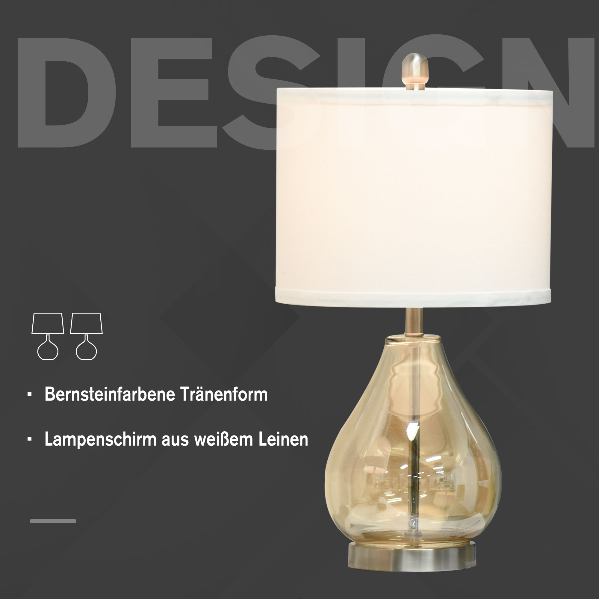 2-Set Tischlampen Tischleuchten E27-Fassung Nachttischlampe 40 W Glas Leinen Metall Bernstein Ø30 x 56H cm