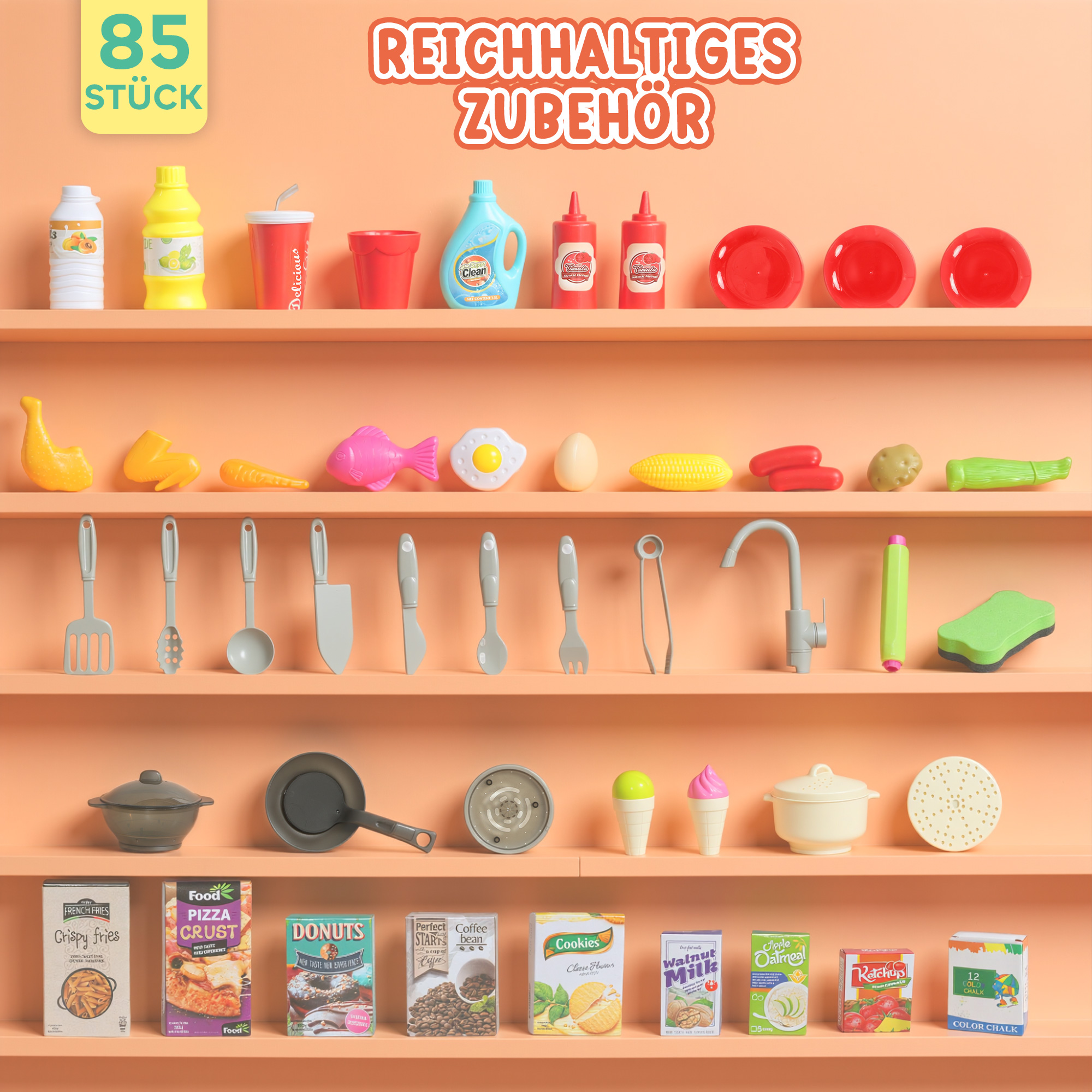 Spielküche mit fließendem Wasser, 85-teiliges Zubehör, elektrischer Wasserhahn, Lichter, Geräusche, für Kinder von 3-6 Jahren, Kunststoff, Grün