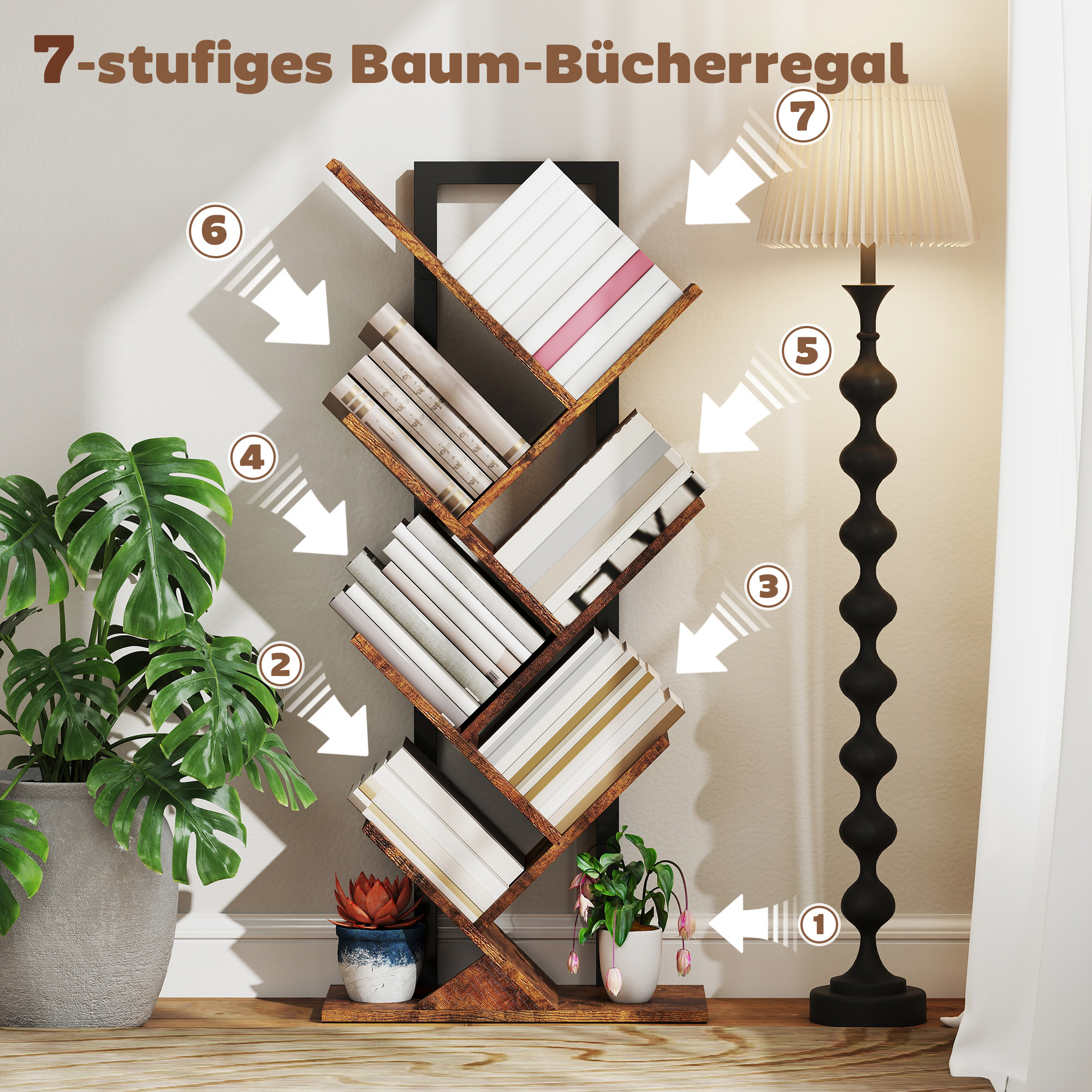 Bücherregal Standregal mit 7 Ebenen Schmal Regal im Baumform für Büro, Rustikal Braun
