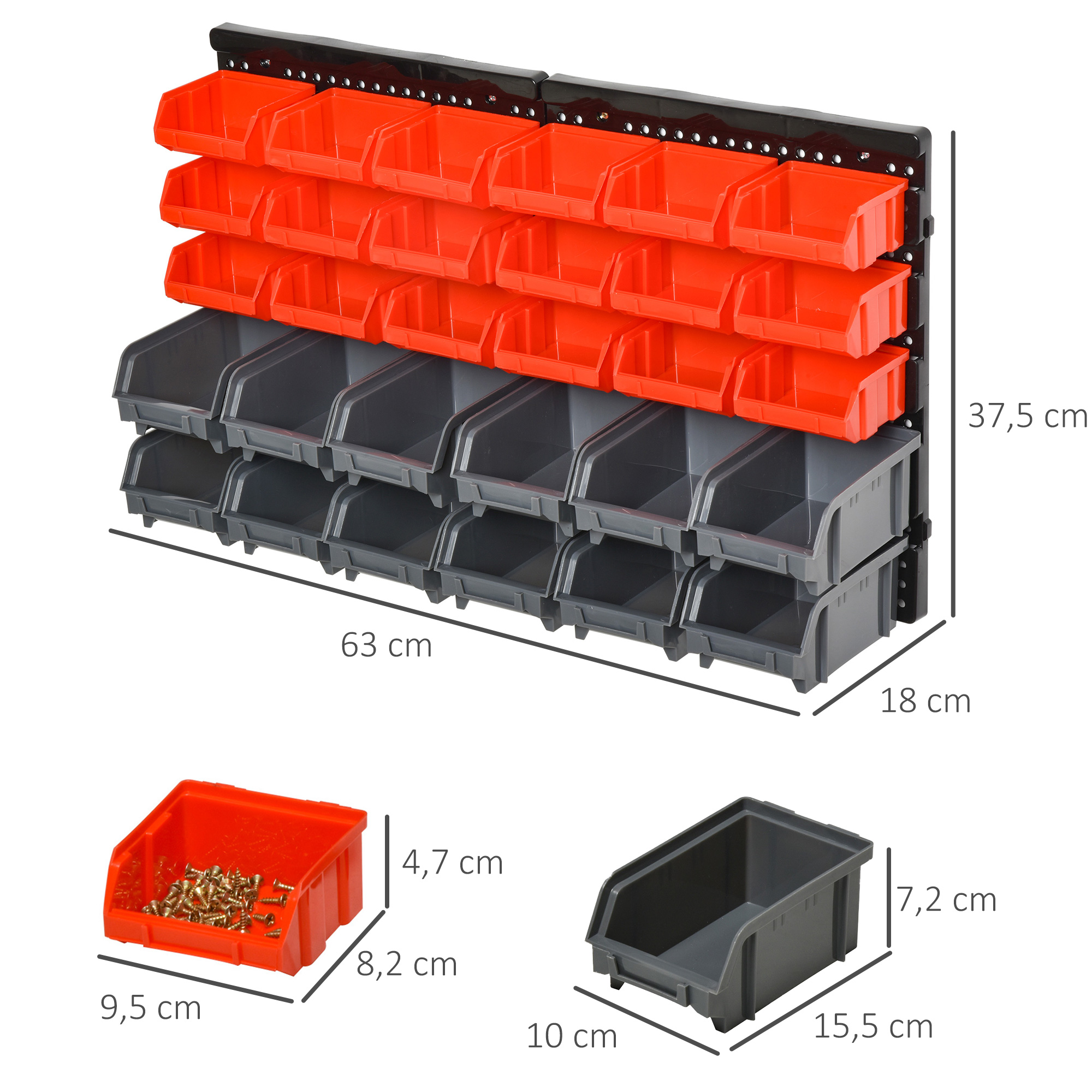 Aufbewahrungs-System Wandregal mit Stapelboxen, 30 Boxen, 2 Lochplatten, 37,5 cm x 18 cm x 63 cm, Rot + Grau+ Schwarz
