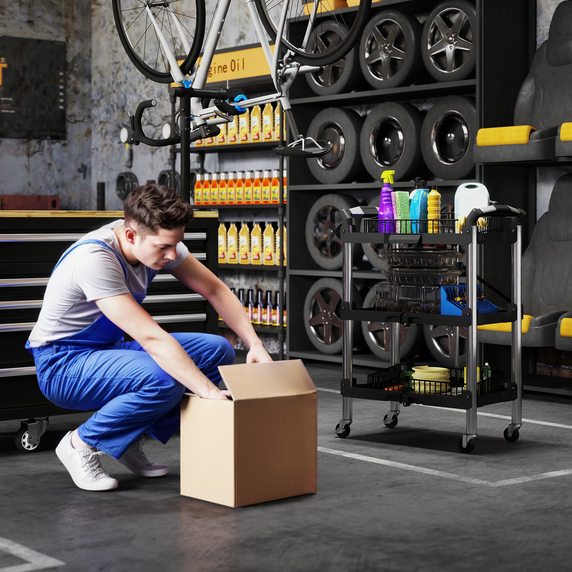 Werkzeug-Trolley, klappbarer 3-stufiger Werkzeugwagen, Kunststoff, Stahl, Schwarz