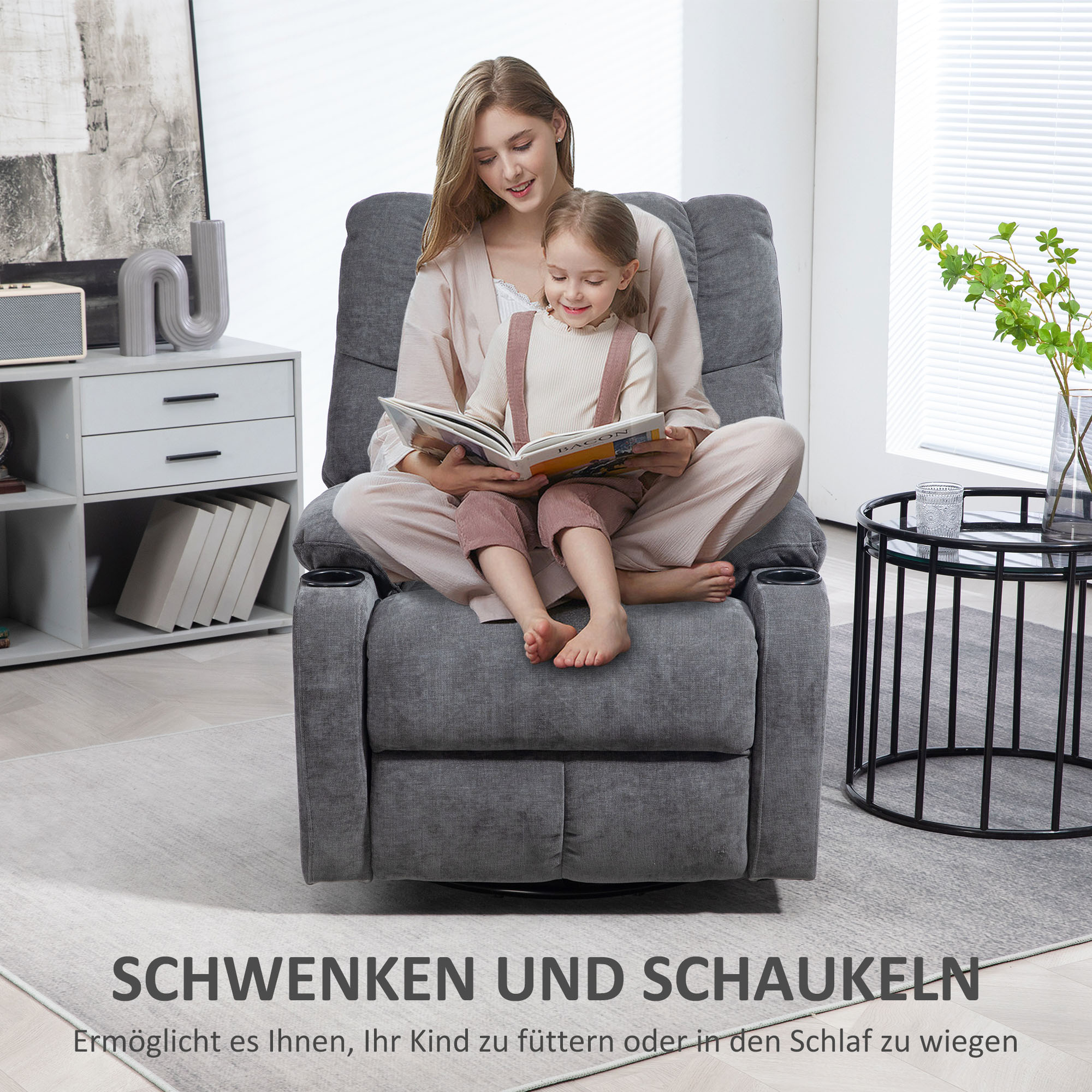 Relaxsessel mit Fußstütze, Liegesessel, drehbar, bis 150 kg, Stahlrahmen, 88x96x108cm, Dunkelgrau