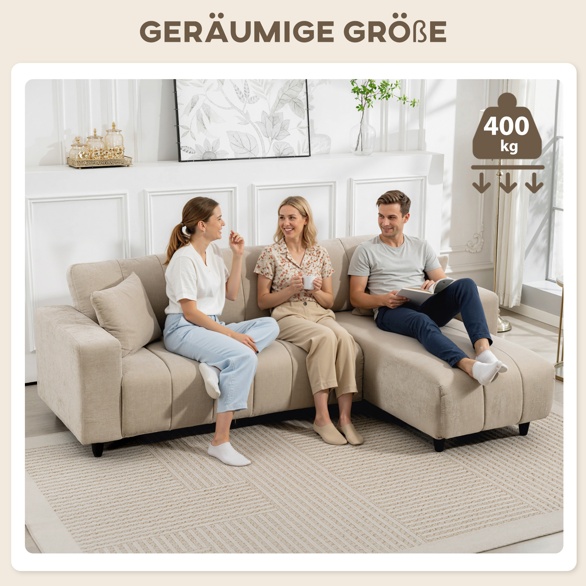 L-förmiges Ecksofa mit flexibler Chaiselongue, 3-Sitzer-Couch mit 2 Kissen, Metallrahmen, für Wohnzimmer, Beige